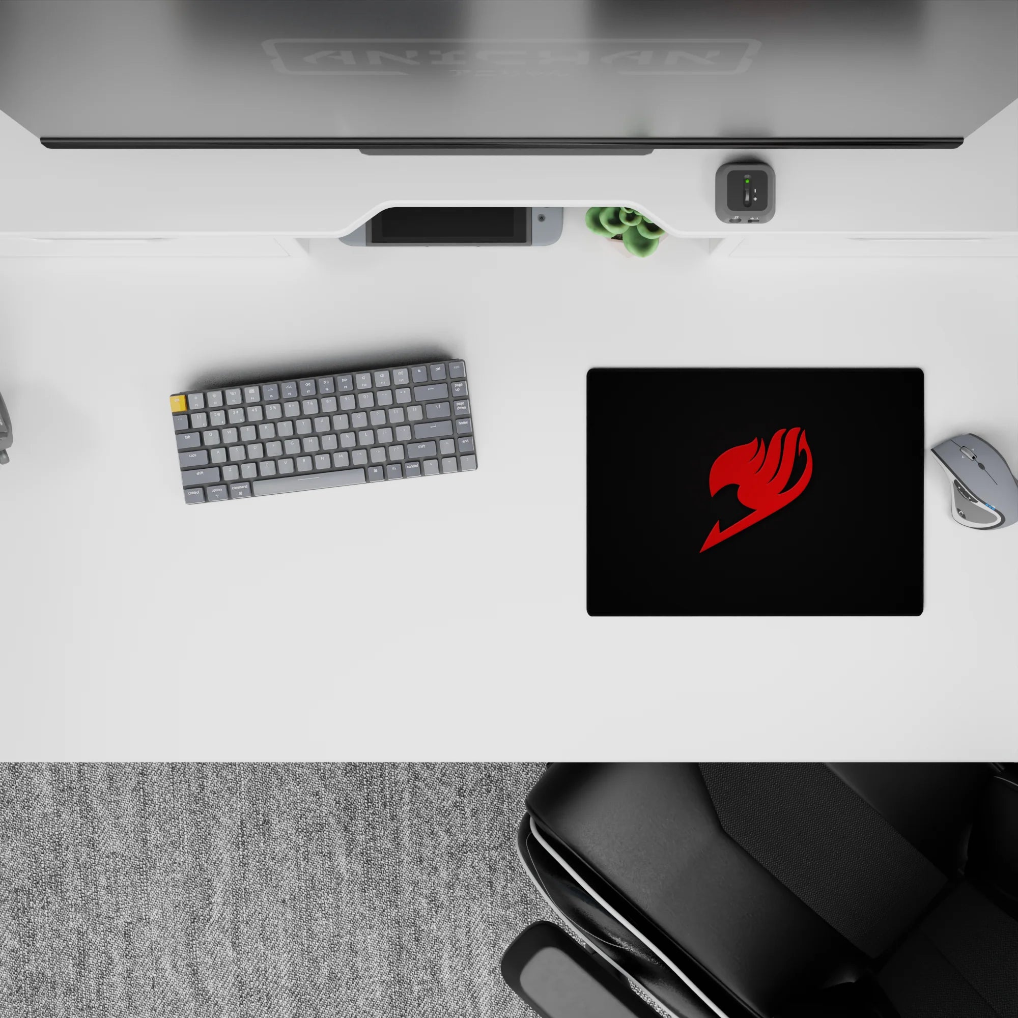 Minimalist 14x10 inches anime mouse pad in bold red and charcoal, confident late-night gaming vibe.