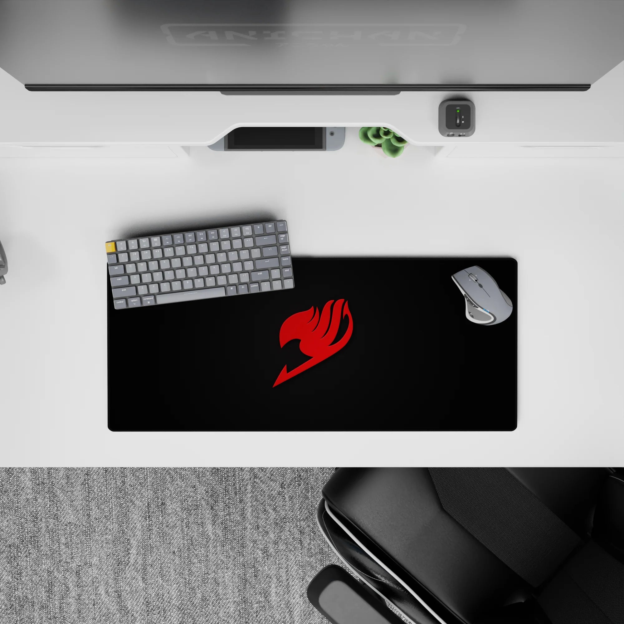 28x12 inches anime mouse pad in bold red and charcoal, sleek late-night vibe with crisp flame mark.