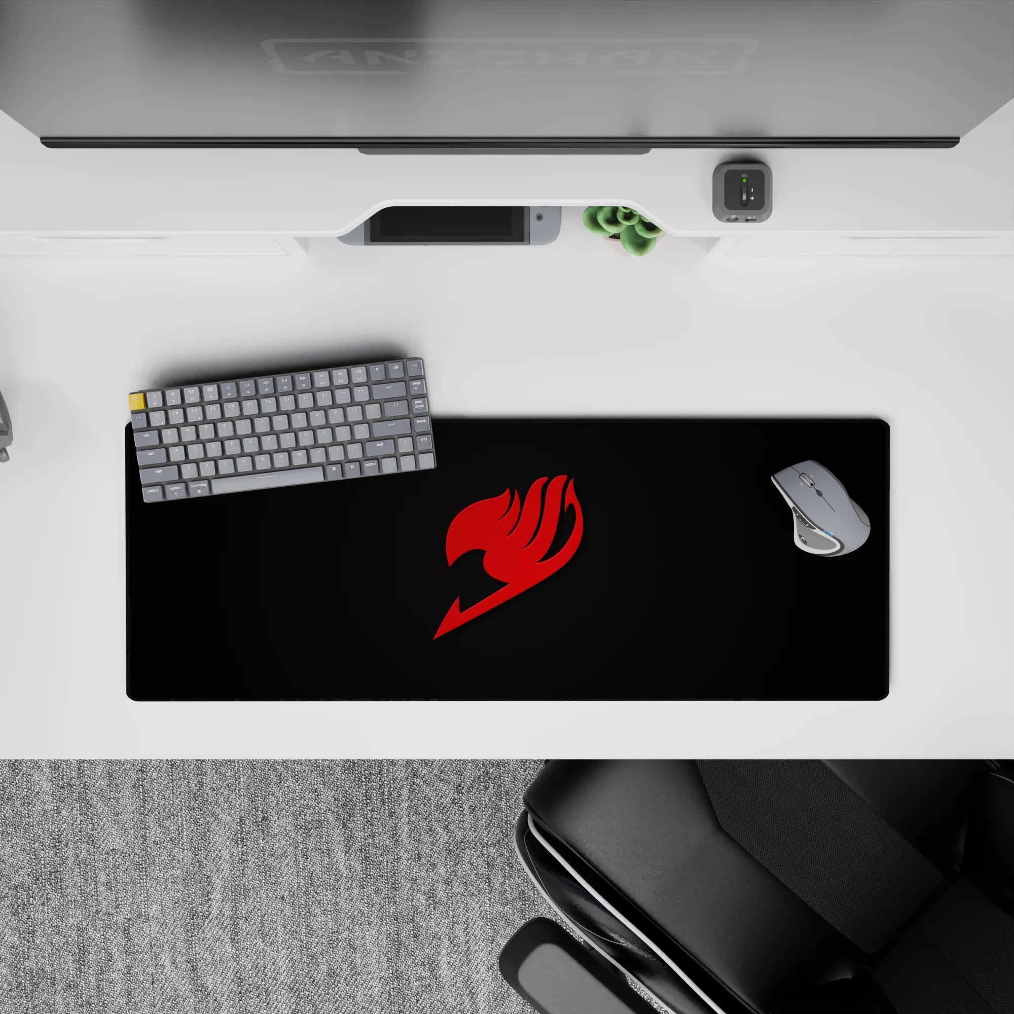 32x12 inches anime mouse pad in bold red and charcoal, sleek confident vibe with sharp flame mark.