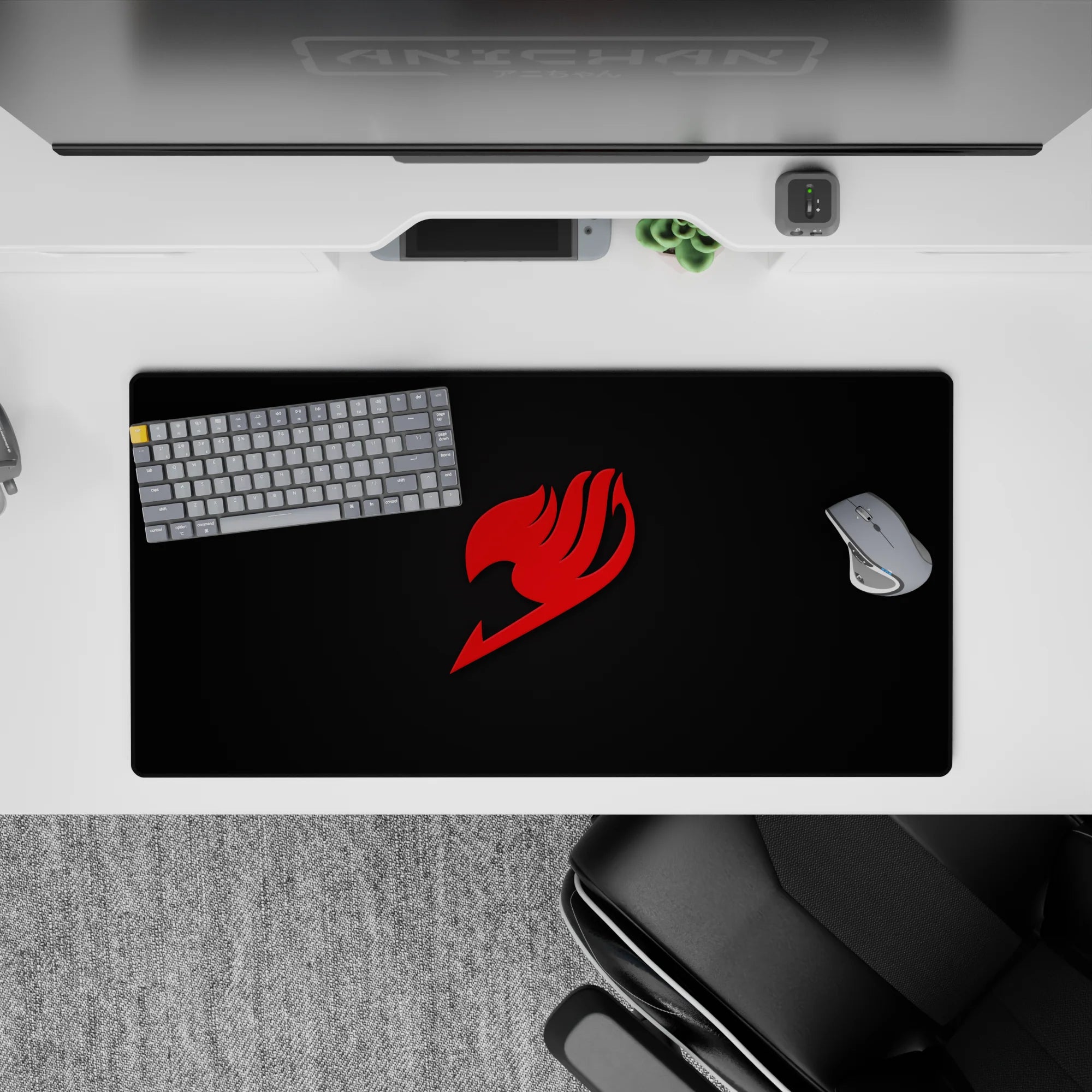 Minimalist red flame mark on black anime mouse pad 32x16 inches, bold, sleek, late-night vibe.