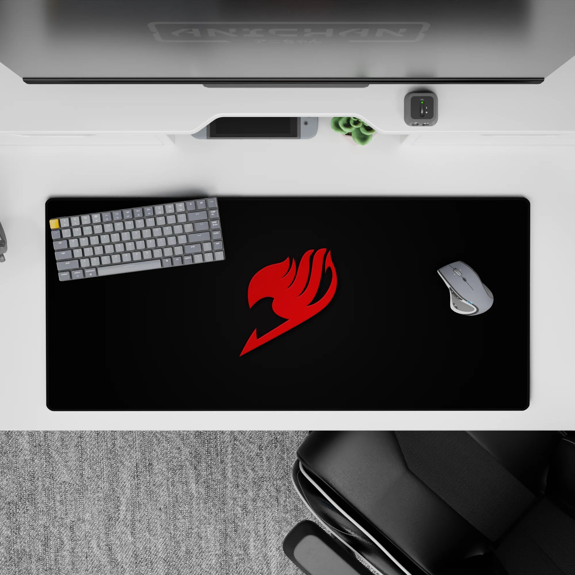 36x16 inches anime mouse pad in bold red and charcoal, sleek confident vibe for gaming or study.