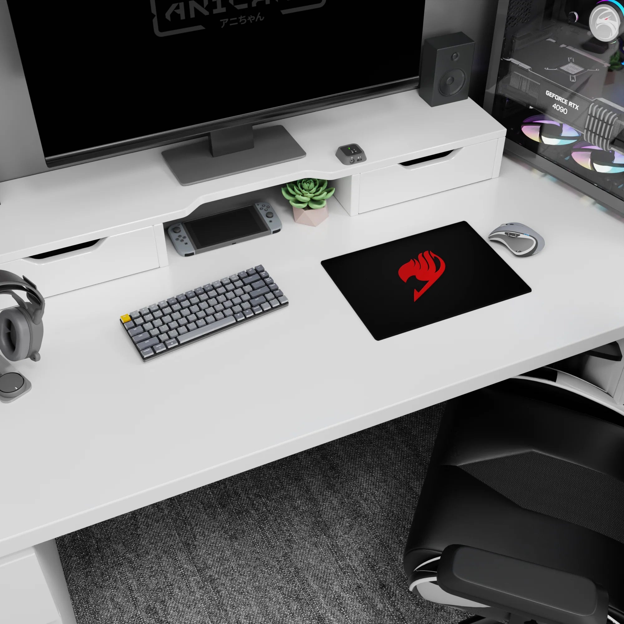 14x10 inches anime mouse pad featuring a red flame guild stamp on black, like a proud desk emblem.