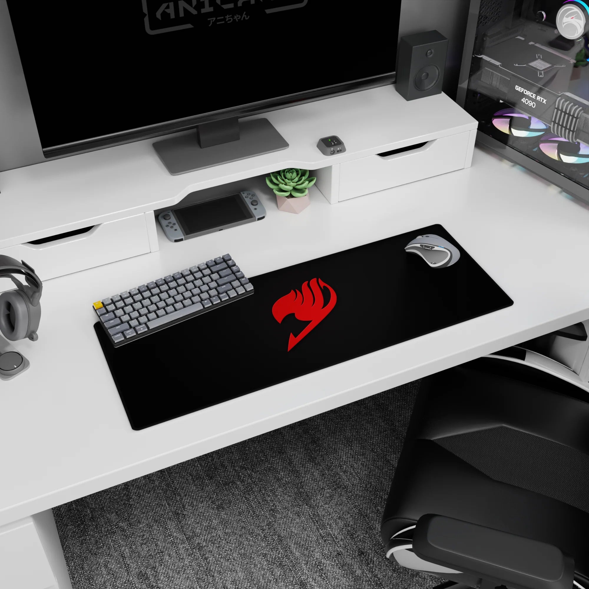 32x12 inches anime mouse pad featuring a red flame guild crest stamped on a dark desk-ready backdrop.