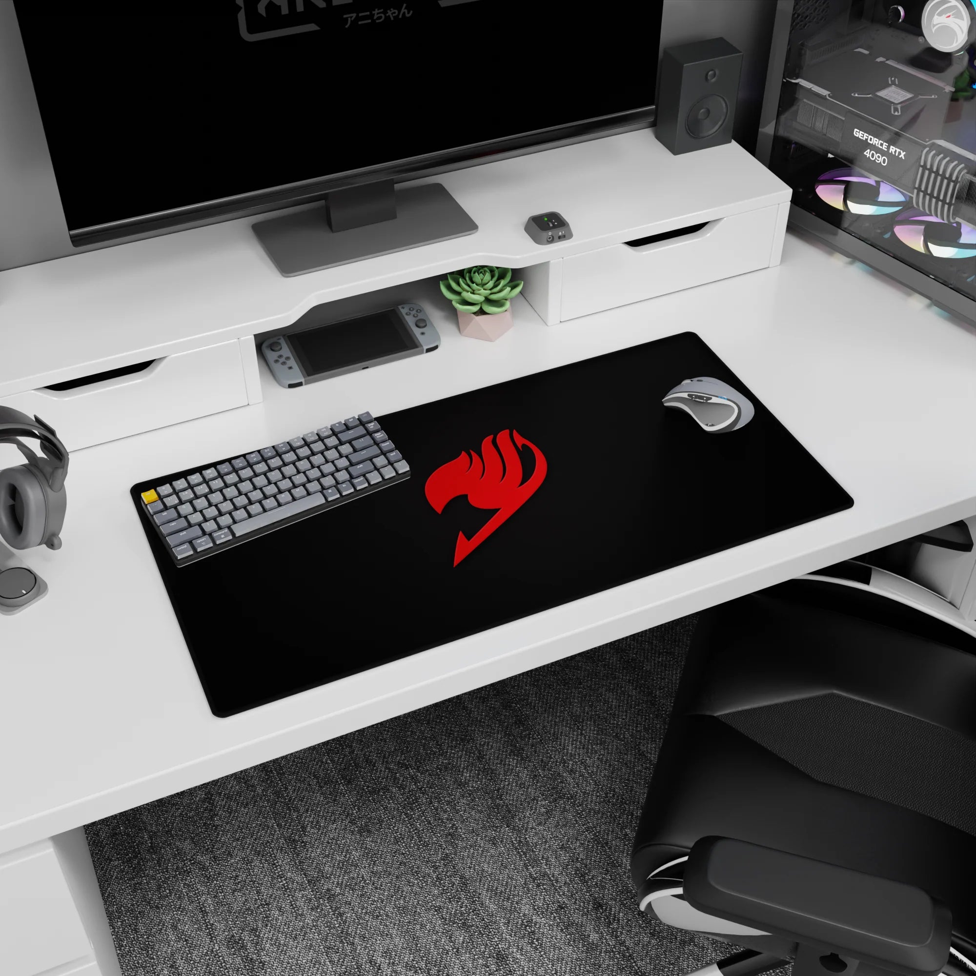 Red guild crest stamp centered on charcoal anime mouse pad 32x16 inches, crisp edges for gaming.