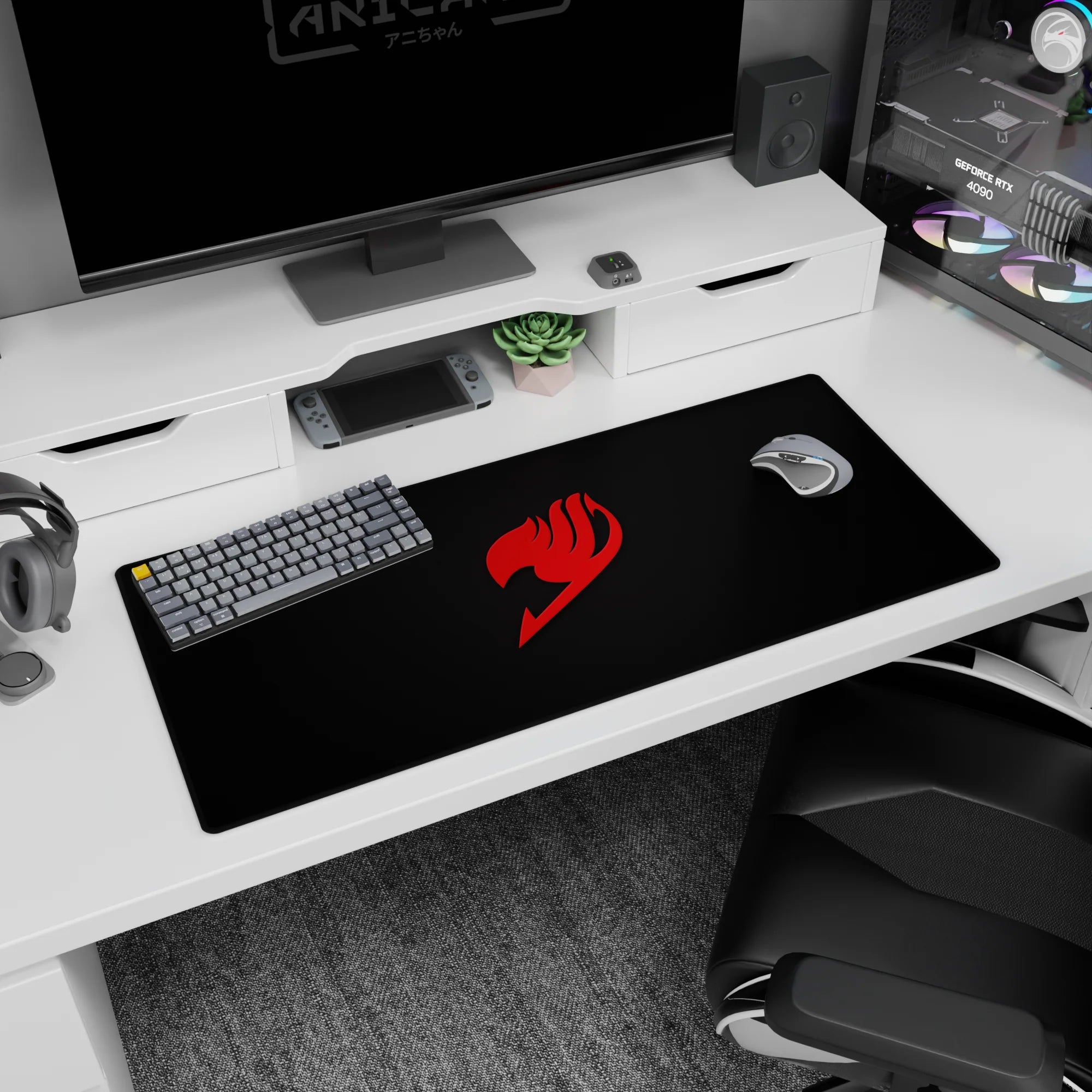 36x16 inches anime desk pad featuring a sharp red flame-style guild crest stamped on a black field.