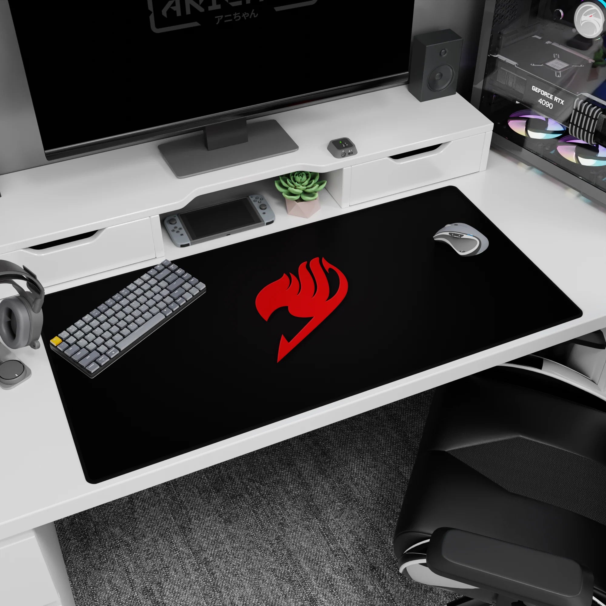 40x20 inches anime desk pad showing a red flame guild stamp emblem on black, iconic fandom symbol.
