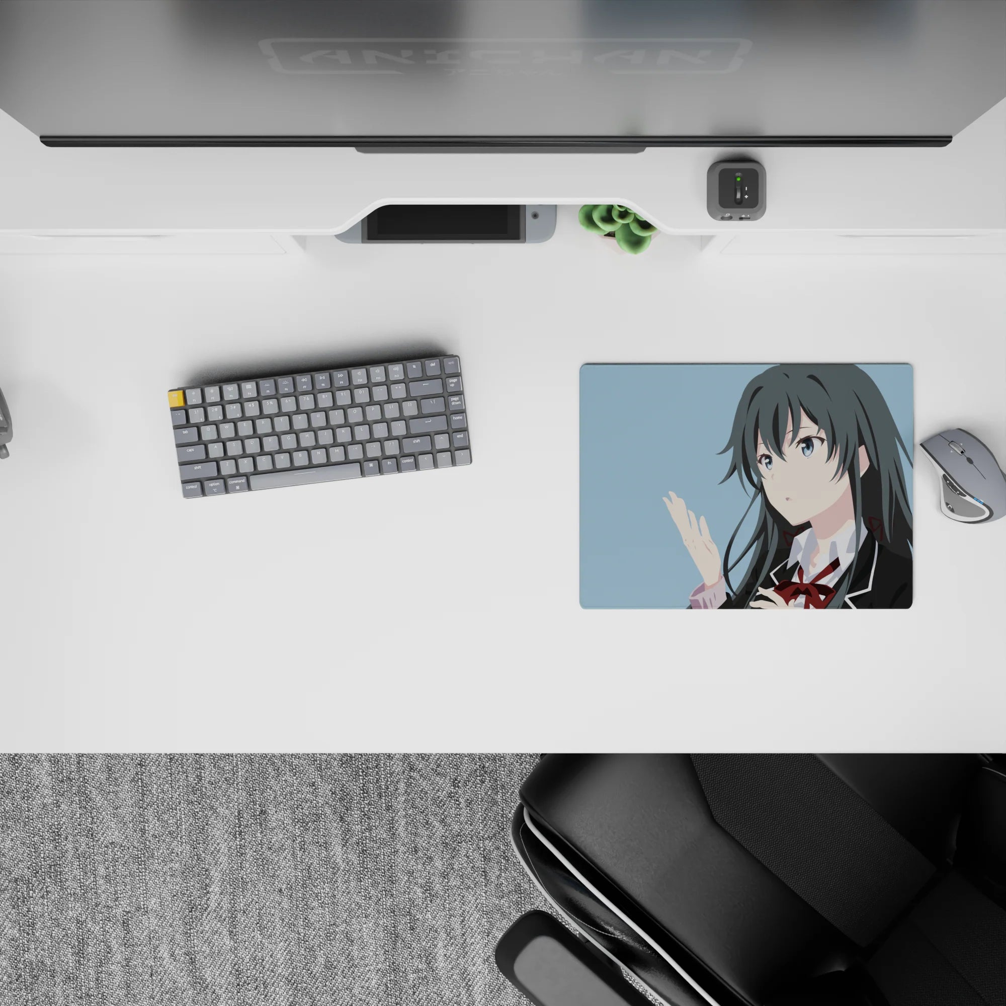 Sky-blue airy anime mouse pad 14x10 inches with cool calm vibe, dark hair contrast, smooth tracking.