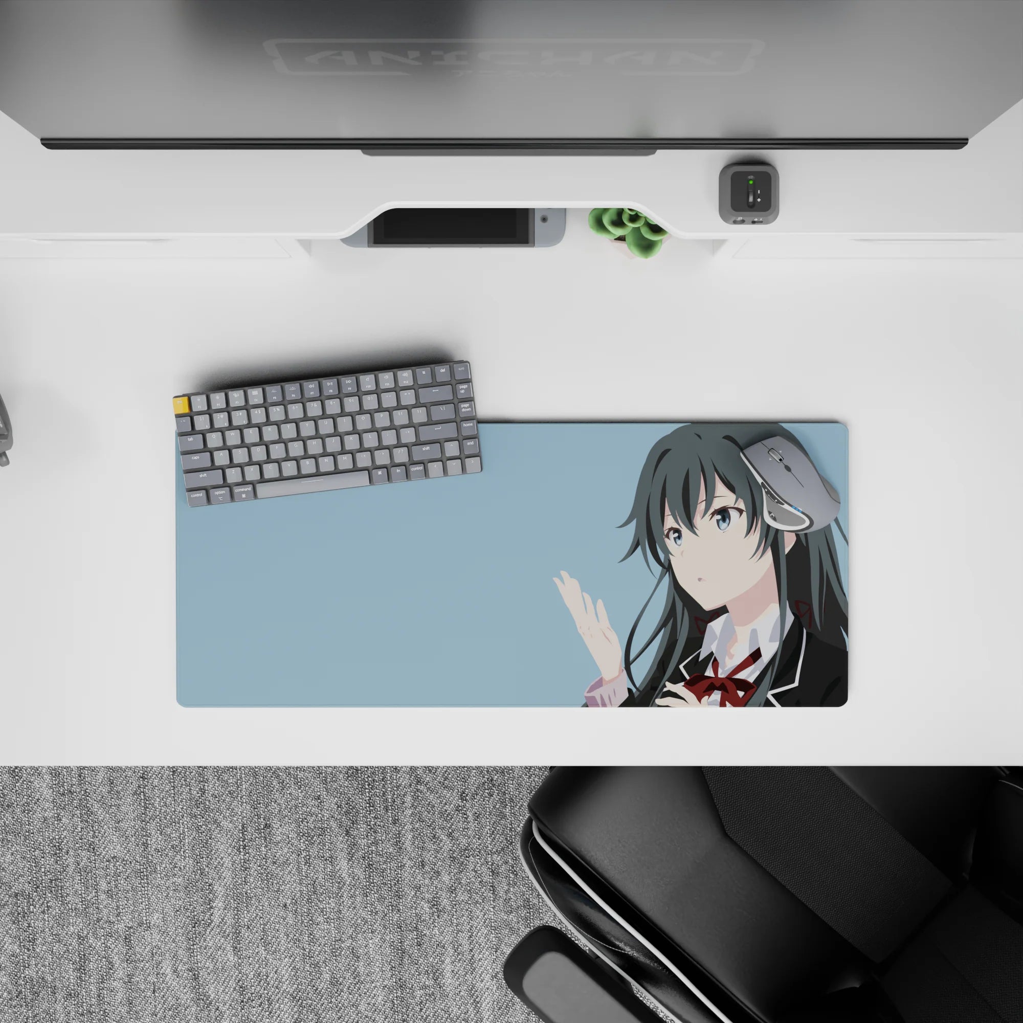 28x12 inches anime girl mouse pad in cool sky-blue tones, airy minimalist vibe for calm study-night setups.