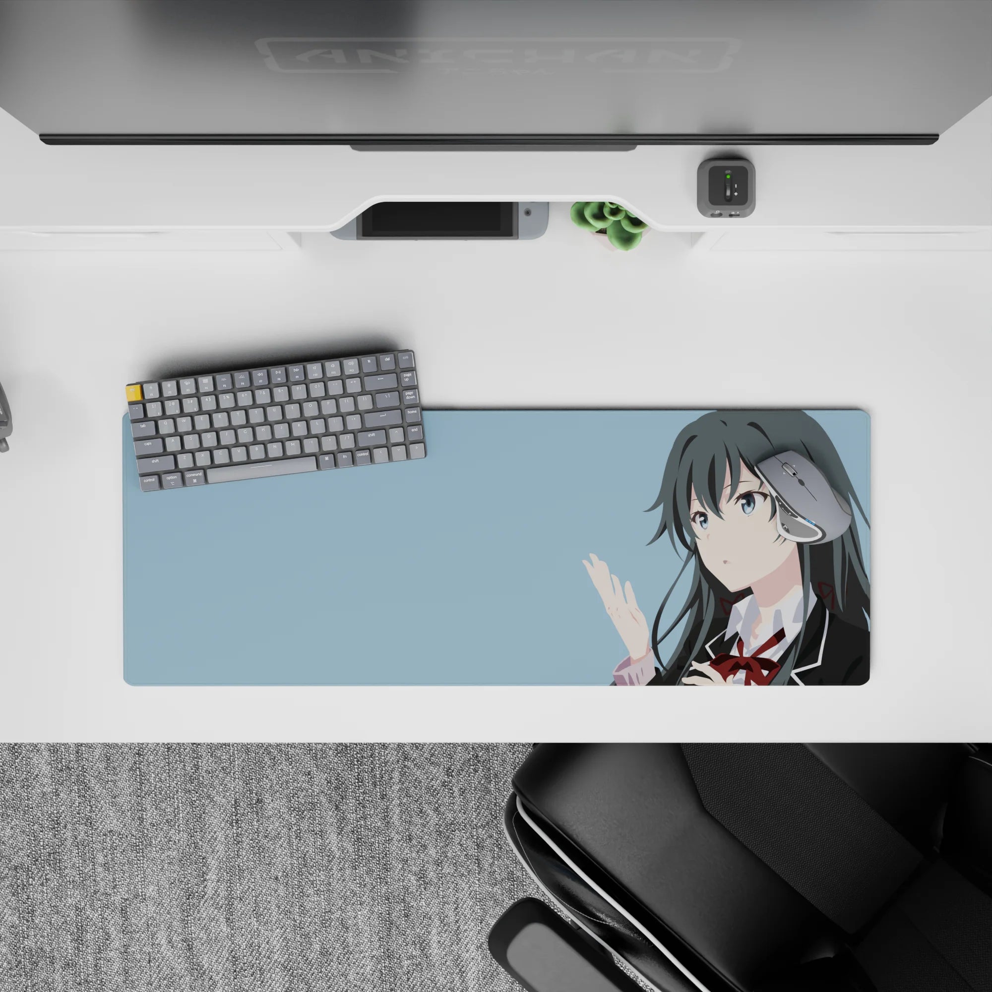 Sky-blue airy anime girl mouse pad 32x12 inches, cool calm vibe with dark hair contrast for study nights.