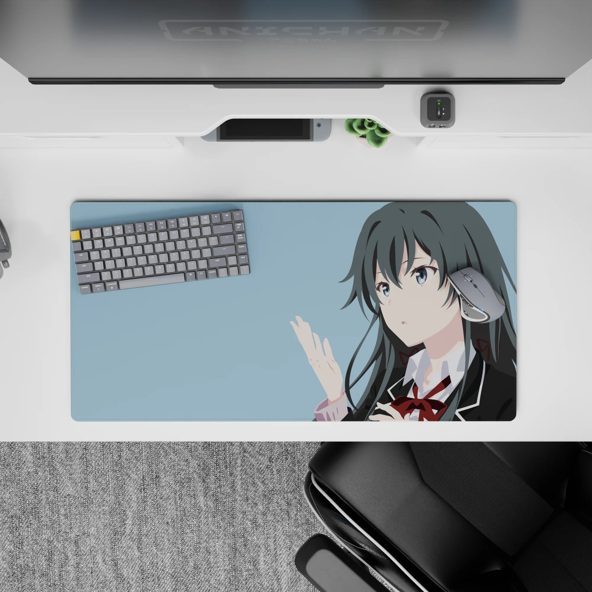 Cool sky-blue anime girl mouse pad 32x16 inches, airy calm vibe for study nights, smooth tracking.