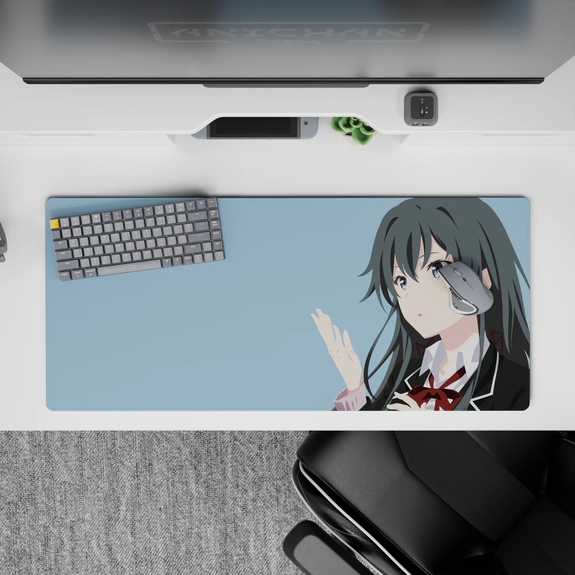 Sky-blue anime girl desk pad 36x16 inches with airy cool mood, smooth tracking for study nights.