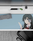 Sky-blue anime girl desk pad 36x16 inches with airy cool mood, smooth tracking for study nights.