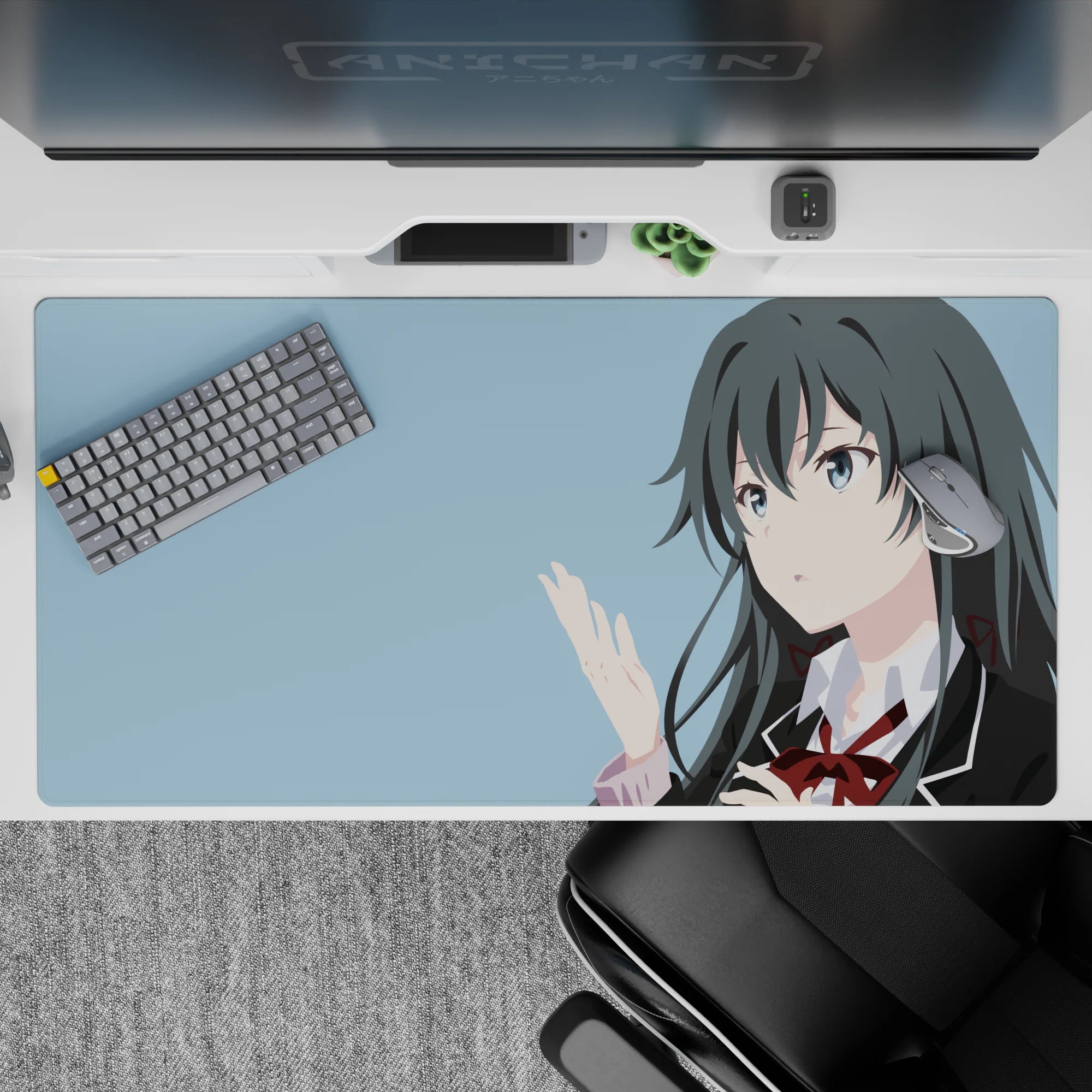 Sky-blue anime desk pad 40x20 inches, airy cool mood, dark hair contrast for long study nights.