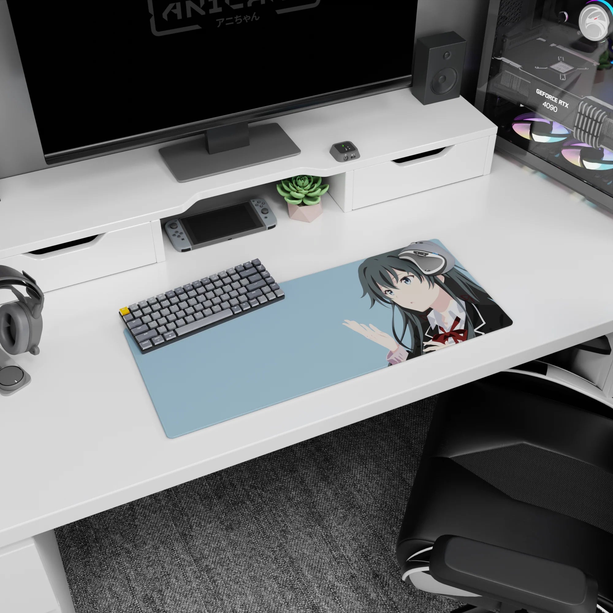 28x12 inches Yukino Yukinoshita mouse pad with calm gaze and tiny hand gesture, dark hair on sky-blue.