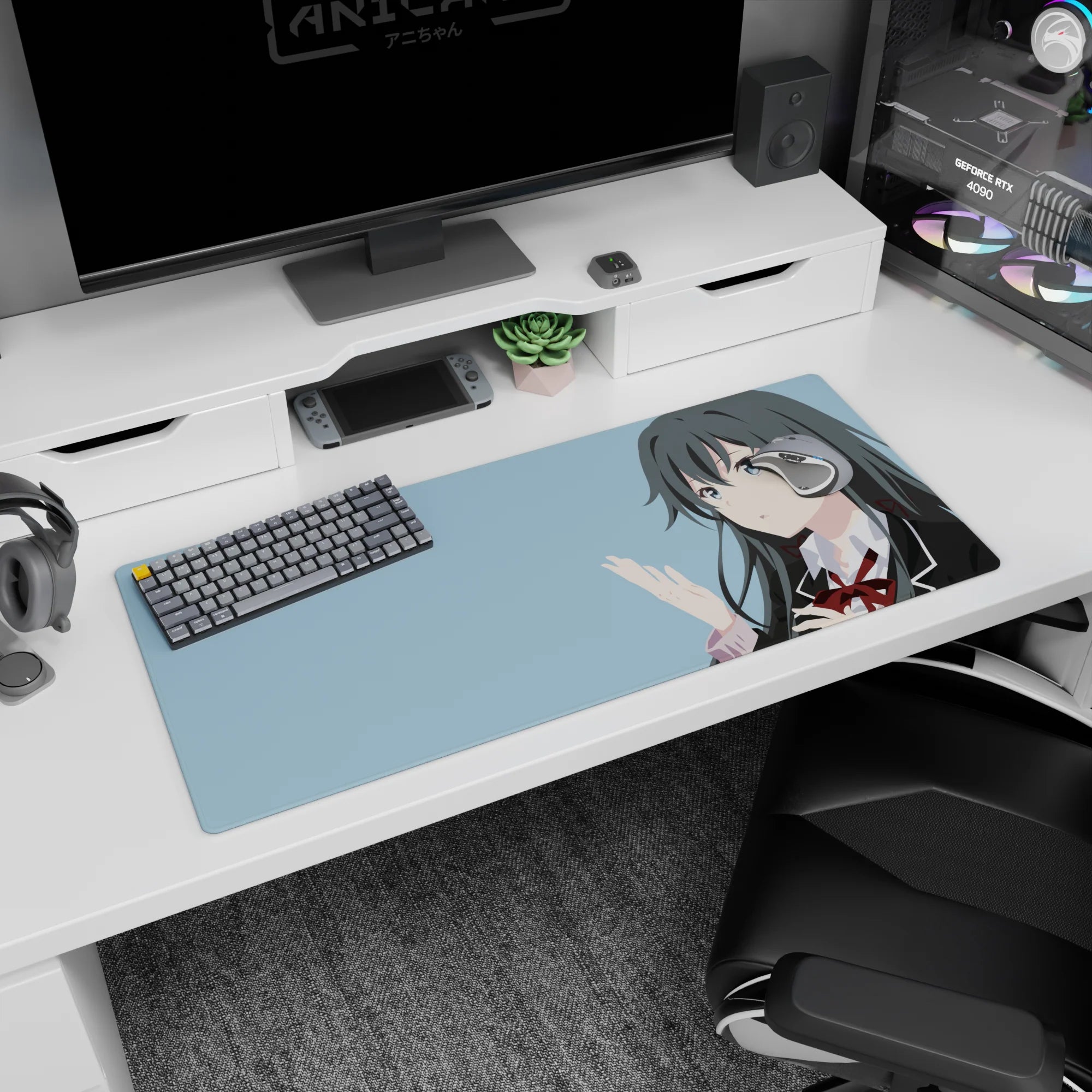 Yukino Yukinoshita My Teen Romantic Comedy SNAFU desk pad 36x16 inches with calm gaze and hand gesture.