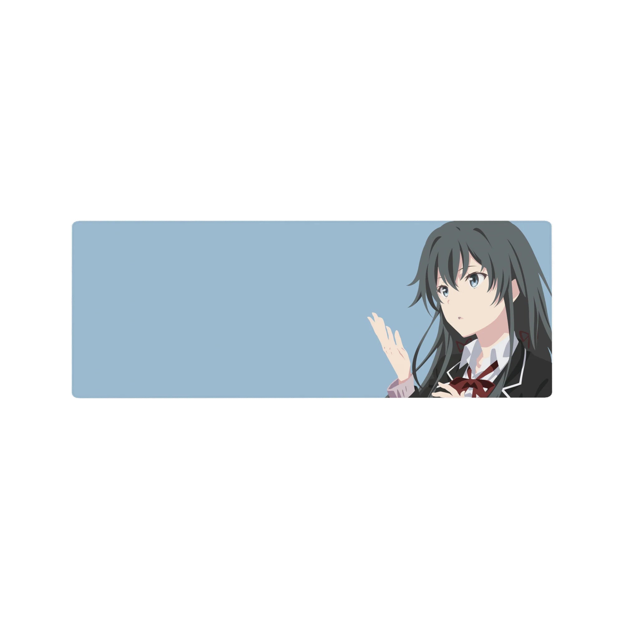 Minimalist anime girl mouse pad 32x12 inches with clean uniform lines and calm gaze on a desk mat.