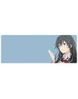 Minimalist anime girl mouse pad 32x12 inches with clean uniform lines and calm gaze on a desk mat.