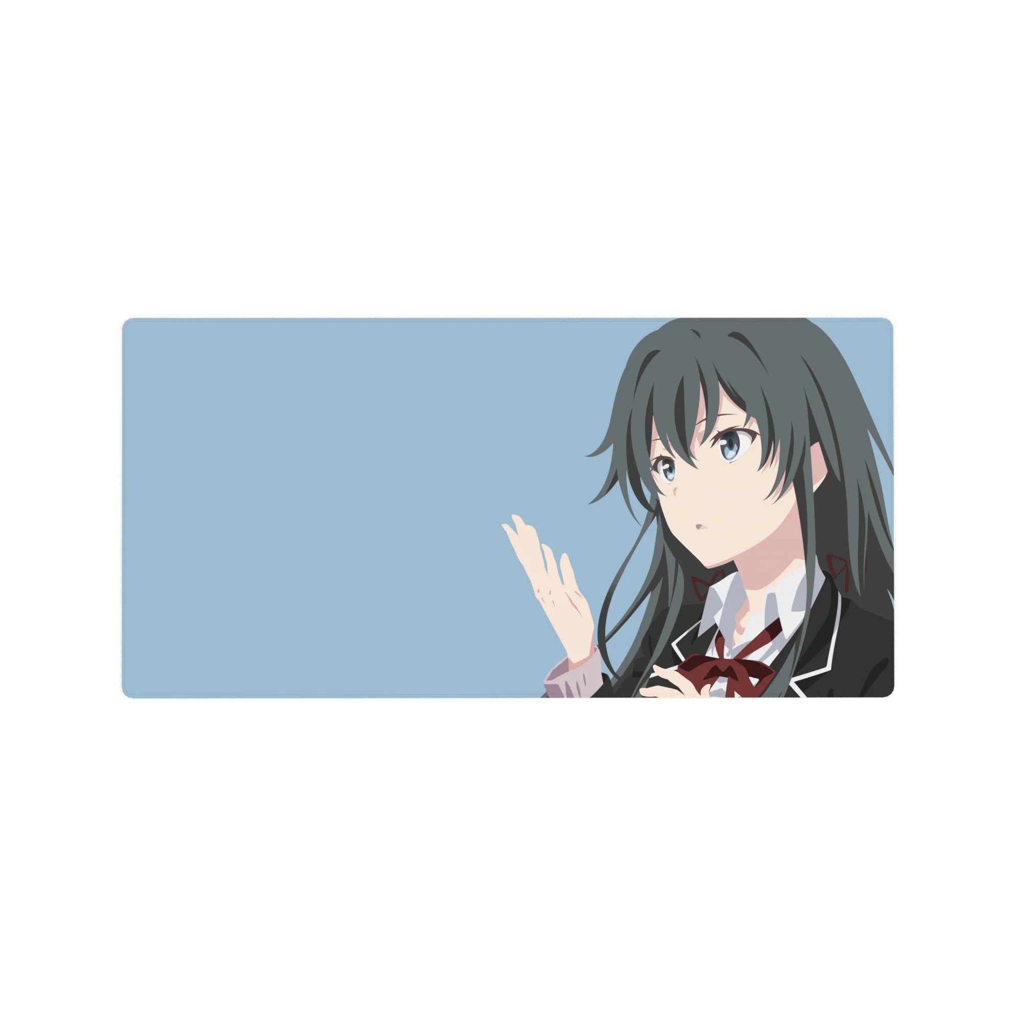 Minimalist anime girl mouse pad 32x16 inches with clean uniform lines and crisp dark hair on blue.