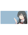 Minimalist anime girl mouse pad 32x16 inches with clean uniform lines and crisp dark hair on blue.