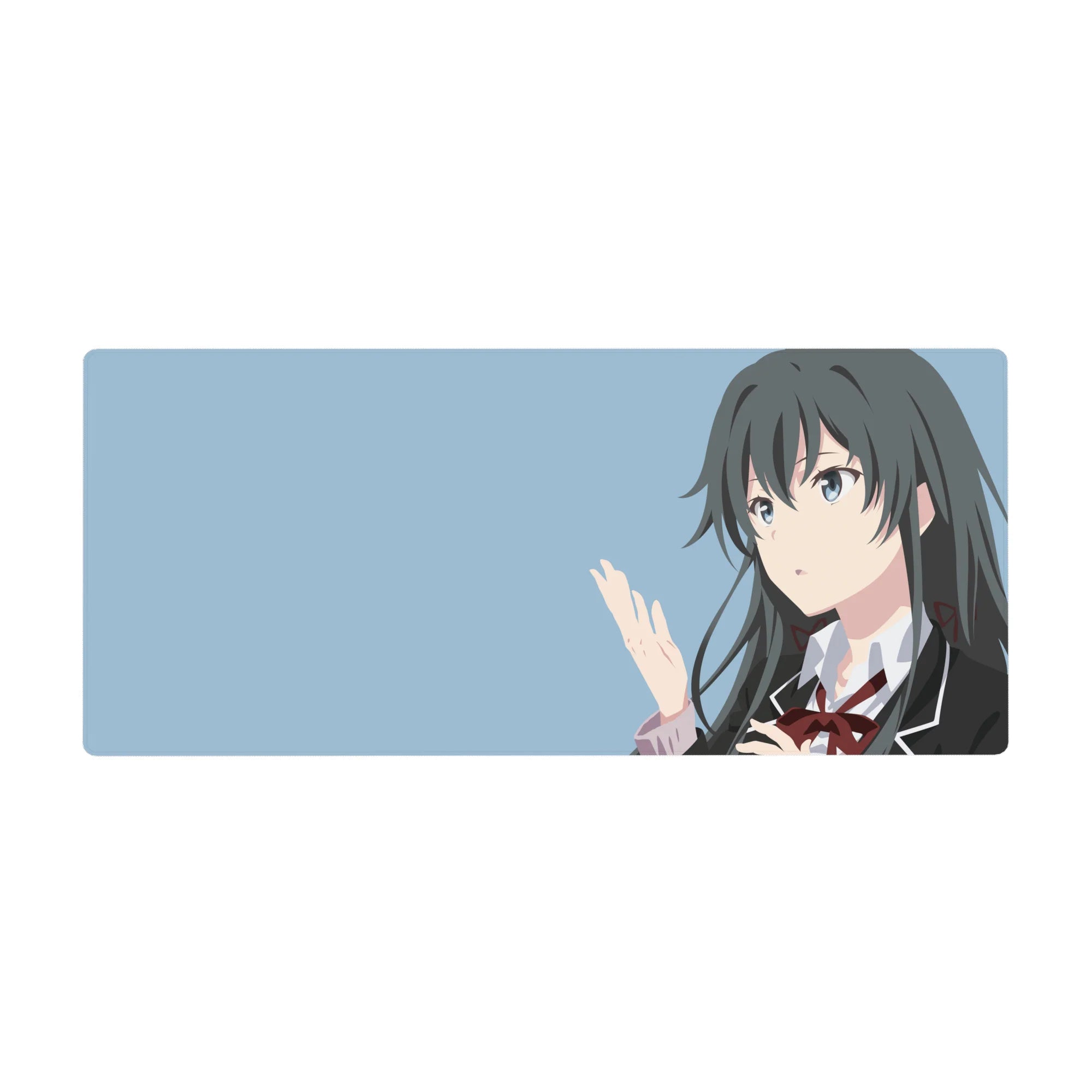 Minimalist anime girl desk pad 36x16 inches with crisp uniform lines, dark hair, and clean desk style.