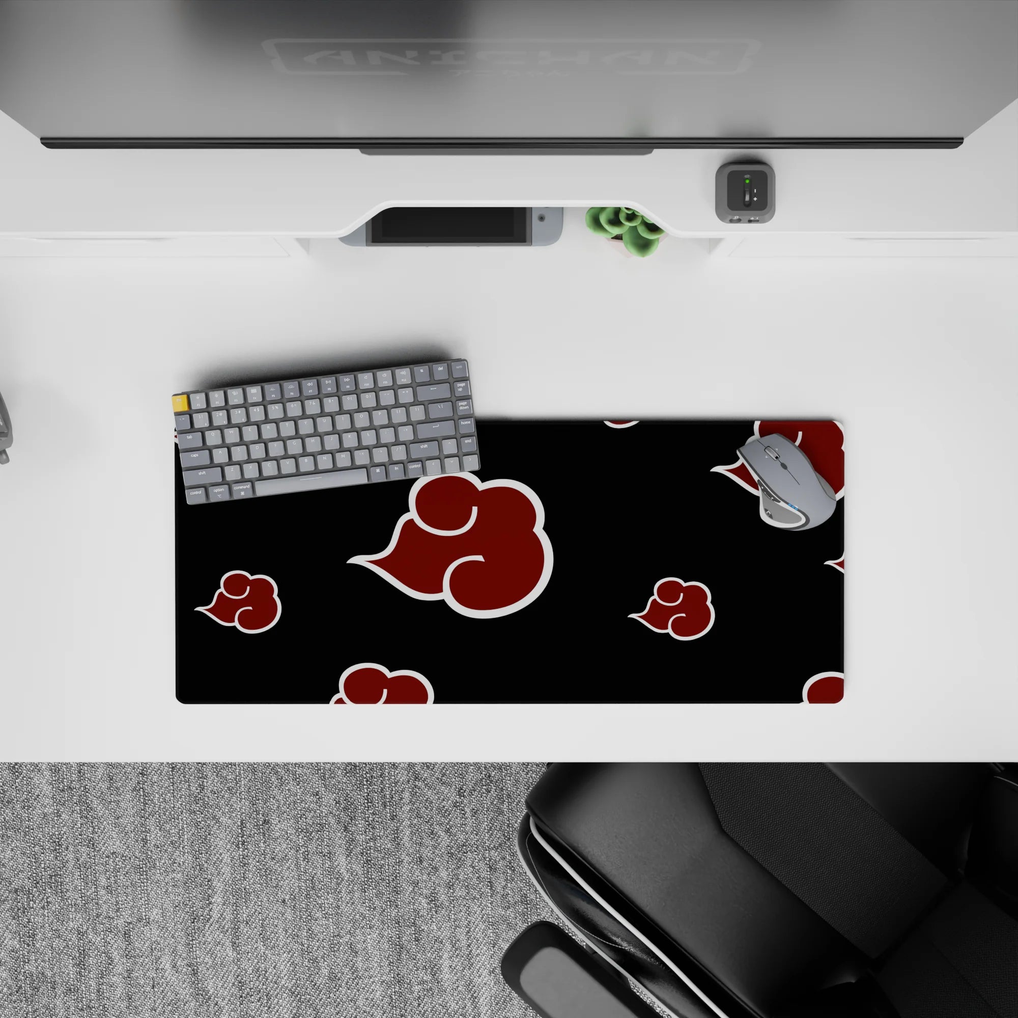 Black desk mouse pad 28x12 inches with crimson red Akatsuki clouds, bold villain-core vibe.
