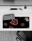 Black desk mouse pad 28x12 inches with crimson red Akatsuki clouds, bold villain-core vibe.