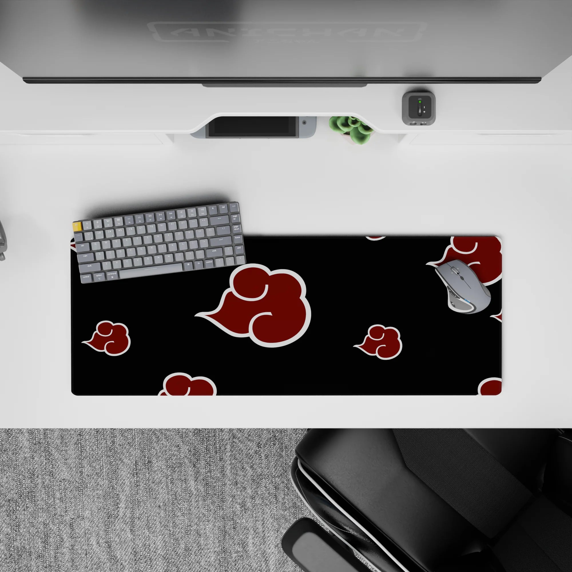 32x12 inches Naruto mouse pad in villain-core style: crimson clouds with white outlines on black.