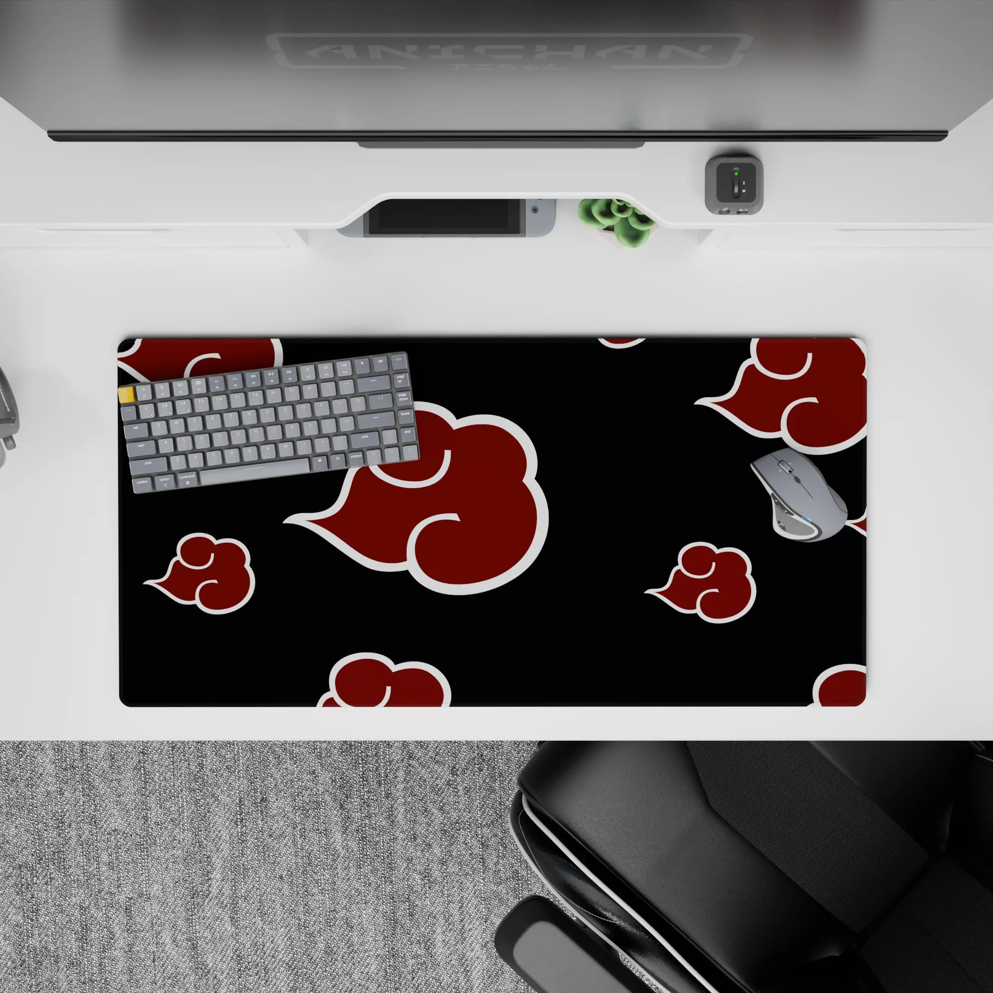 Villain-core Naruto desk mat in deep black and crimson red, bold Akatsuki clouds, 32x16 inches.