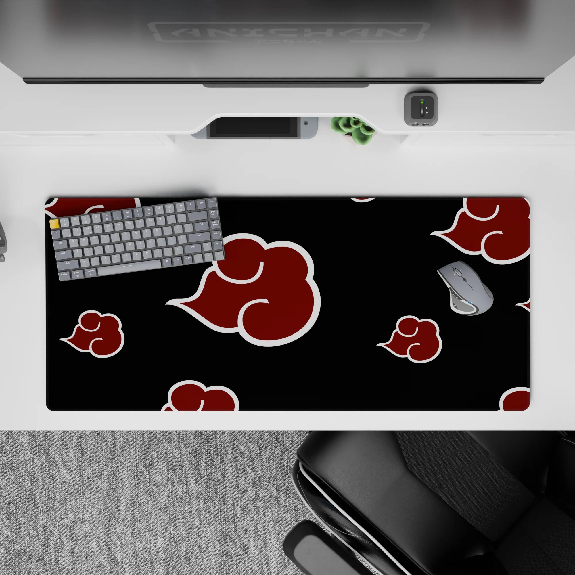 Black 36x16 inches anime desk pad with crimson Akatsuki clouds, bold villain-core vibe and clean lines.
