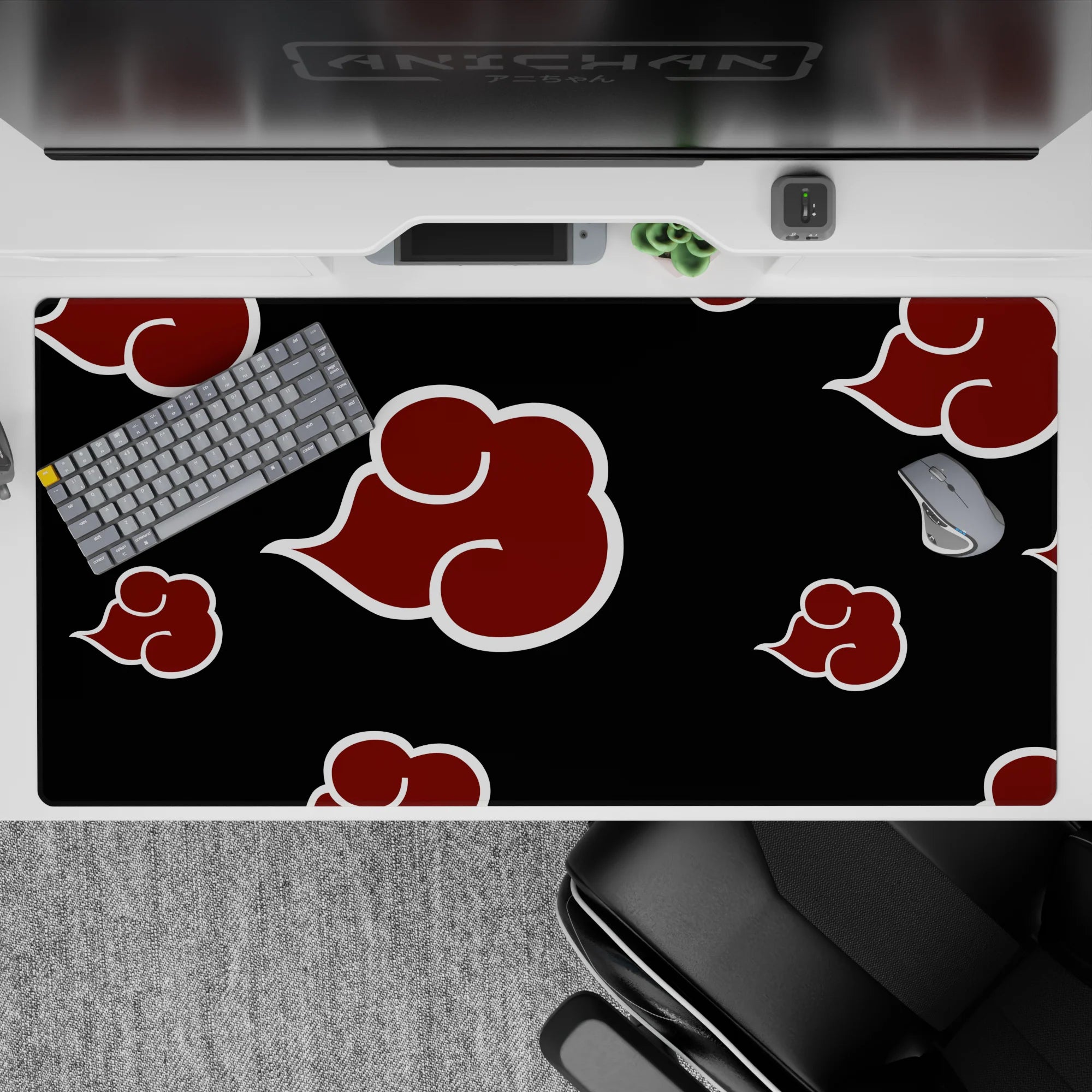 Villain-core anime desk pad 40x20 inches in deep black with crimson red clouds and white outlines.