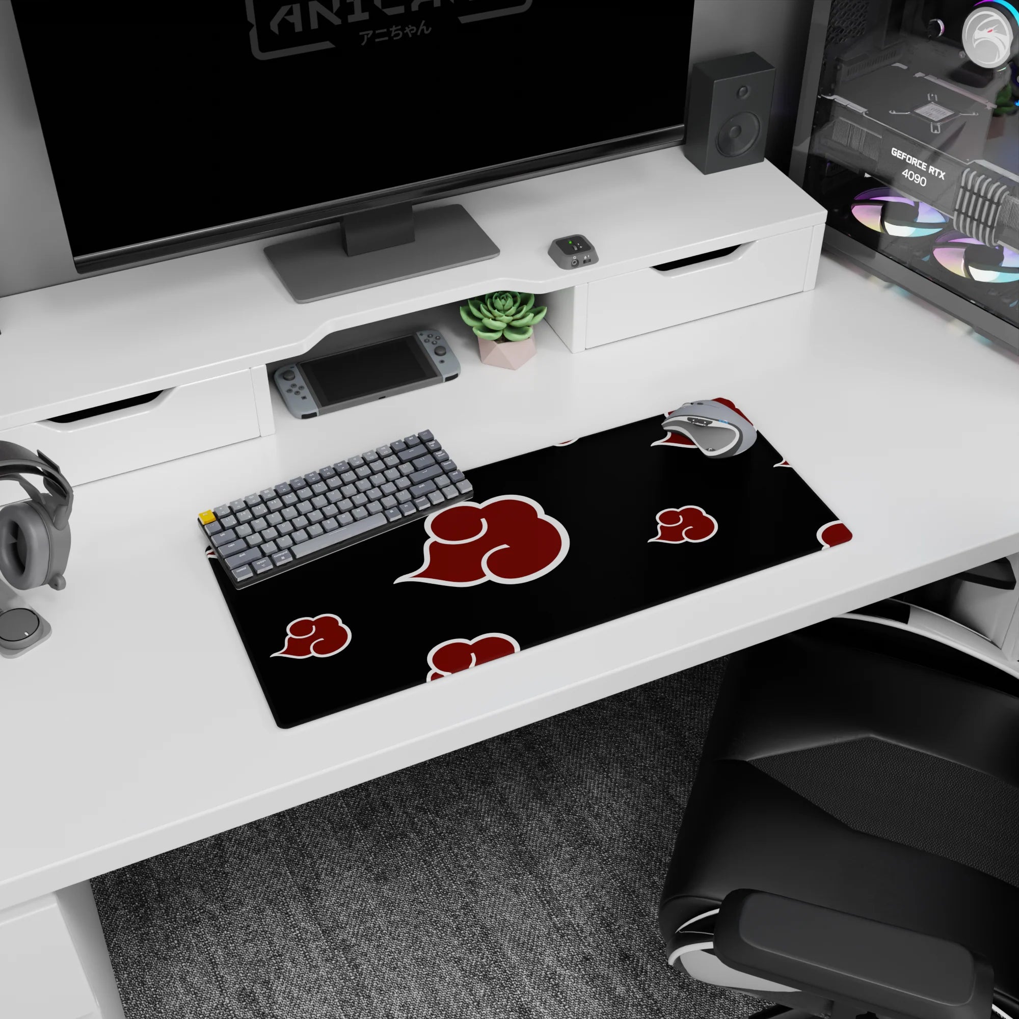 Naruto Akatsuki symbol scene desk mat 28x12 inches, red cloud emblems on deep black.
