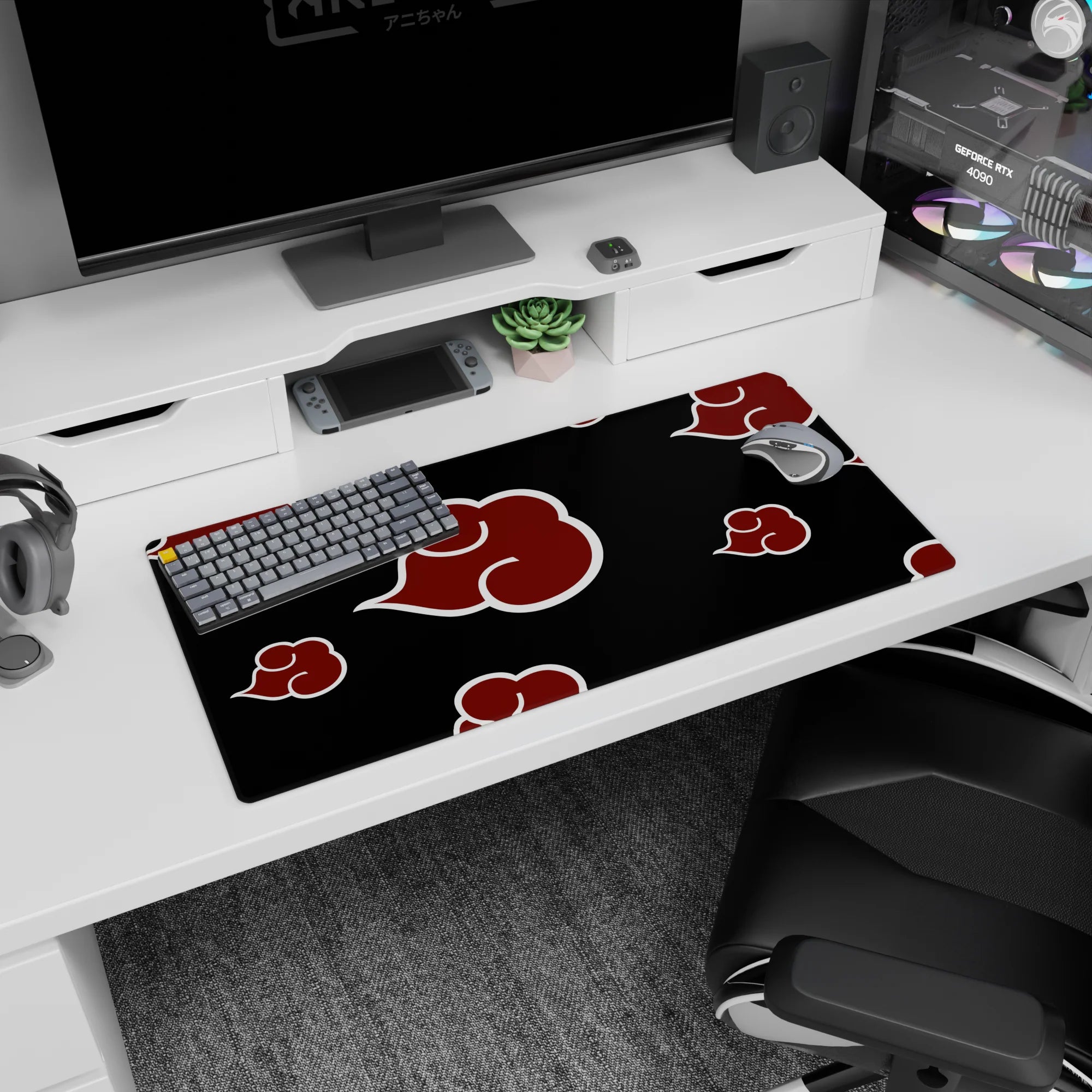 Naruto Akatsuki cloak-inspired scene with marching red cloud emblems on black, 32x16 inches.