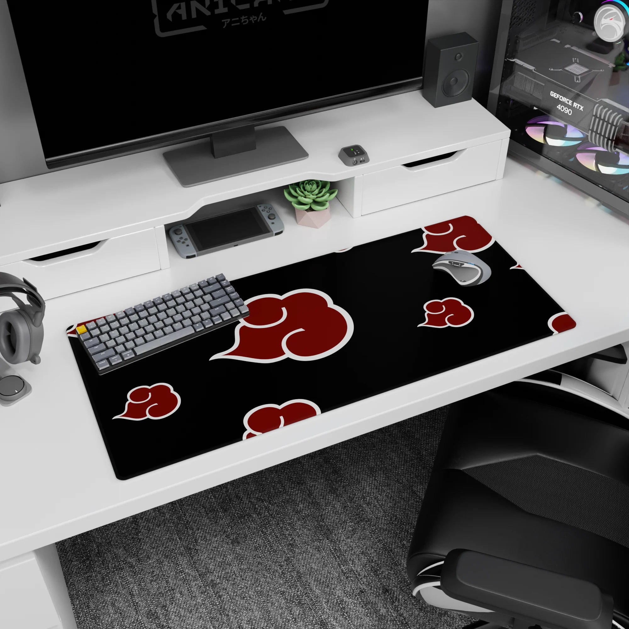 Naruto Akatsuki banner-style scene desk pad, 36x16 inches, red cloud emblems marching on black.