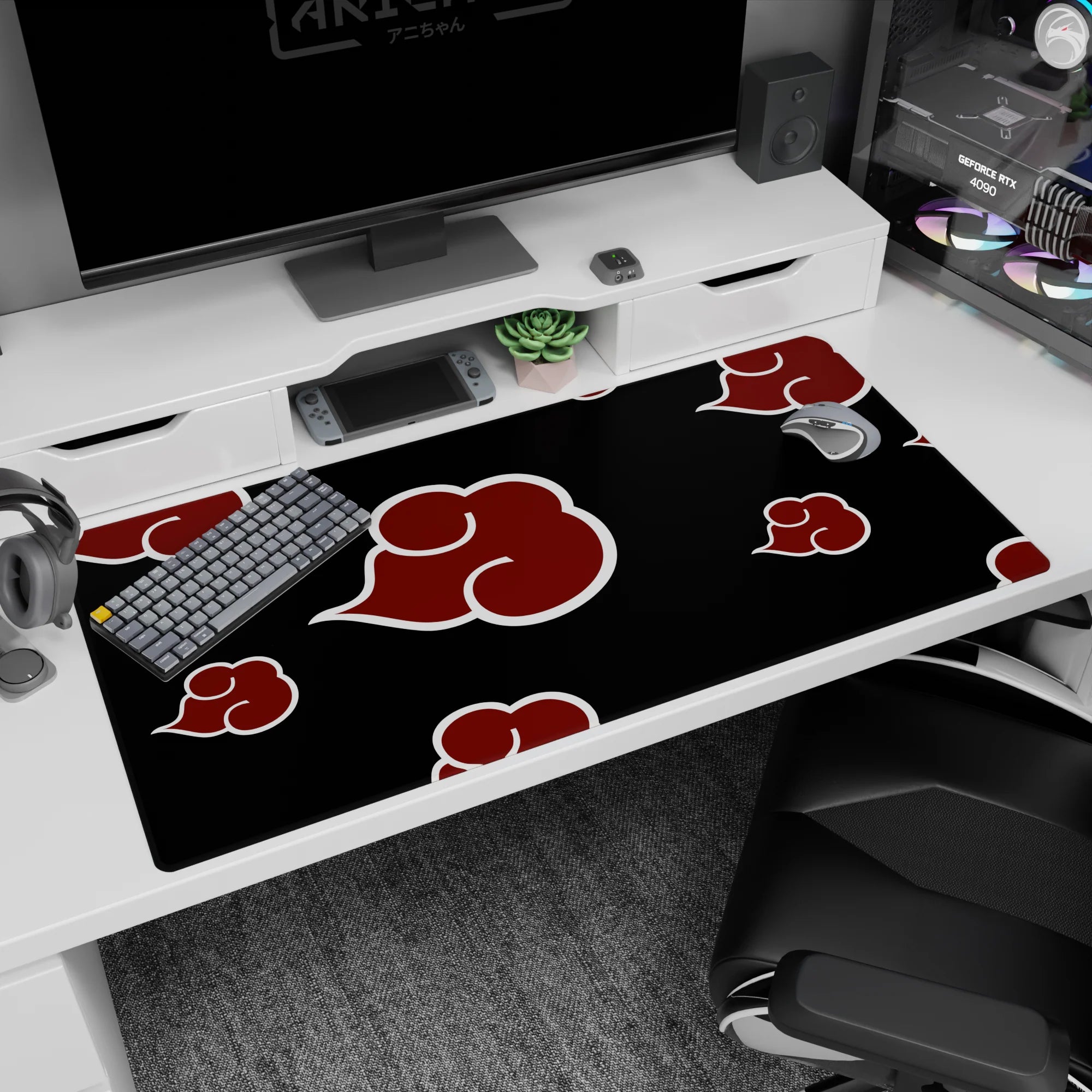 Naruto Akatsuki-themed desk pad 40x20 inches showing the iconic red cloud banner across black.