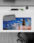 28x12 inches anime desk pad in calm golden hour gradient, pink lavender clouds, airy sky, warm serene mood.