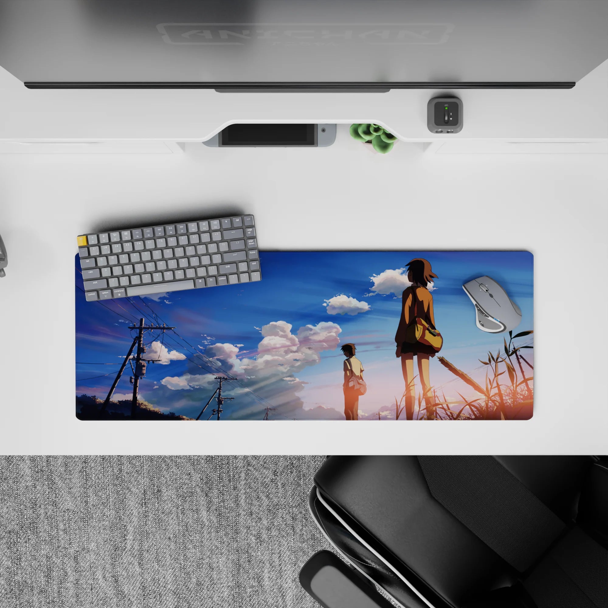 32x12 inches desk pad in calm blue with pink-lavender clouds, soft sunset gradient for a warm, quiet setup.
