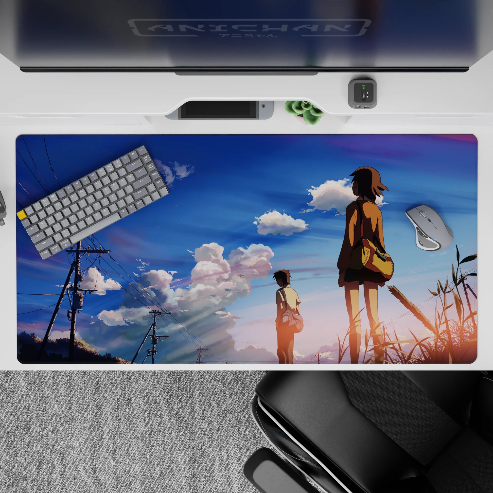 Calm pastel sunset anime desk pad 40x20 inches, soft blue sky with pink-lavender clouds and airy space.