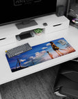 32x12 inches anime mouse pad showing a girl in cardigan and skirt with shoulder bag, boy distant in the sky.