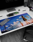 Anime desk pad 40x20 inches showing schoolgirl in cardigan and skirt with bag, boy distant on the road.