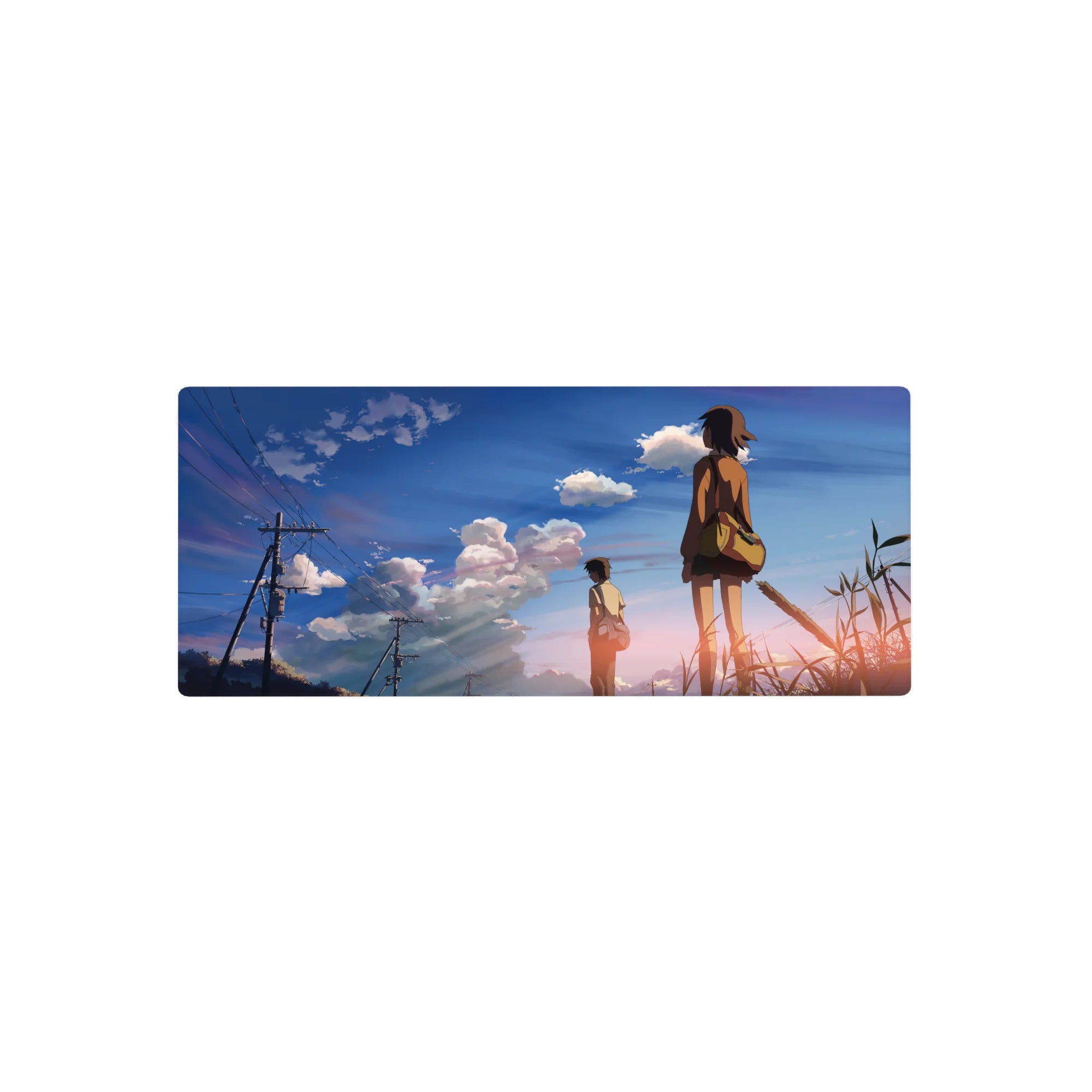 28x12 inches anime mouse pad with students walking home under blue sky, clouds and power lines at sunset.