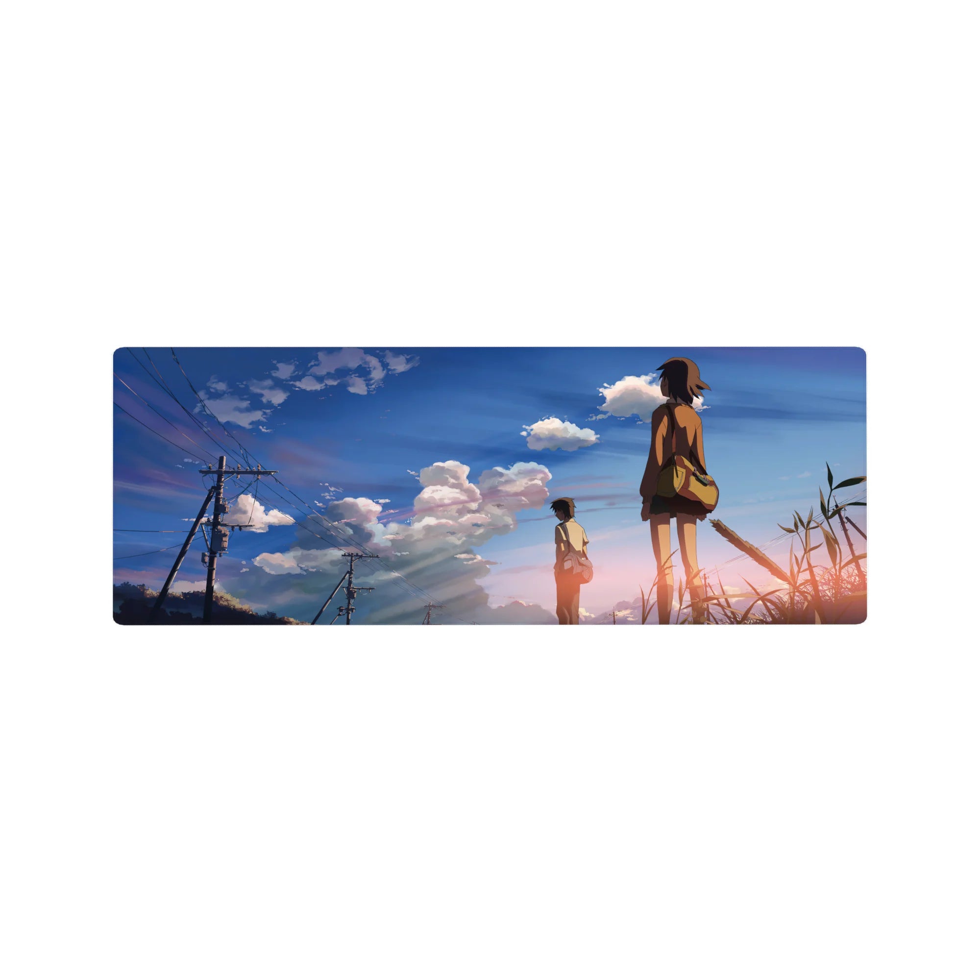 32x12 inches anime mouse pad with students walking home at golden hour under a wide sky and power lines.