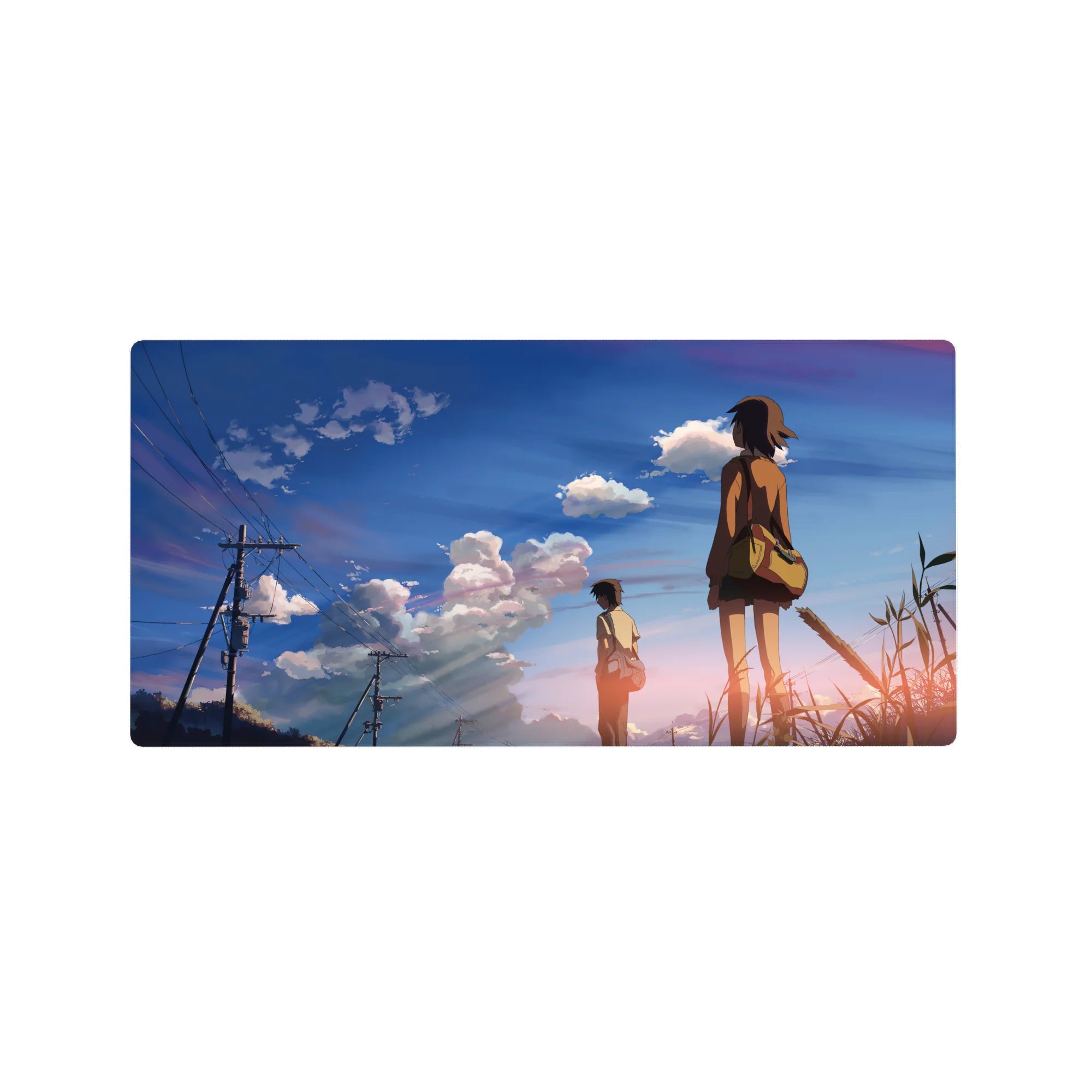 32x16 inches anime mouse pad with students under a wide sky, power lines and glowing clouds at sunset.