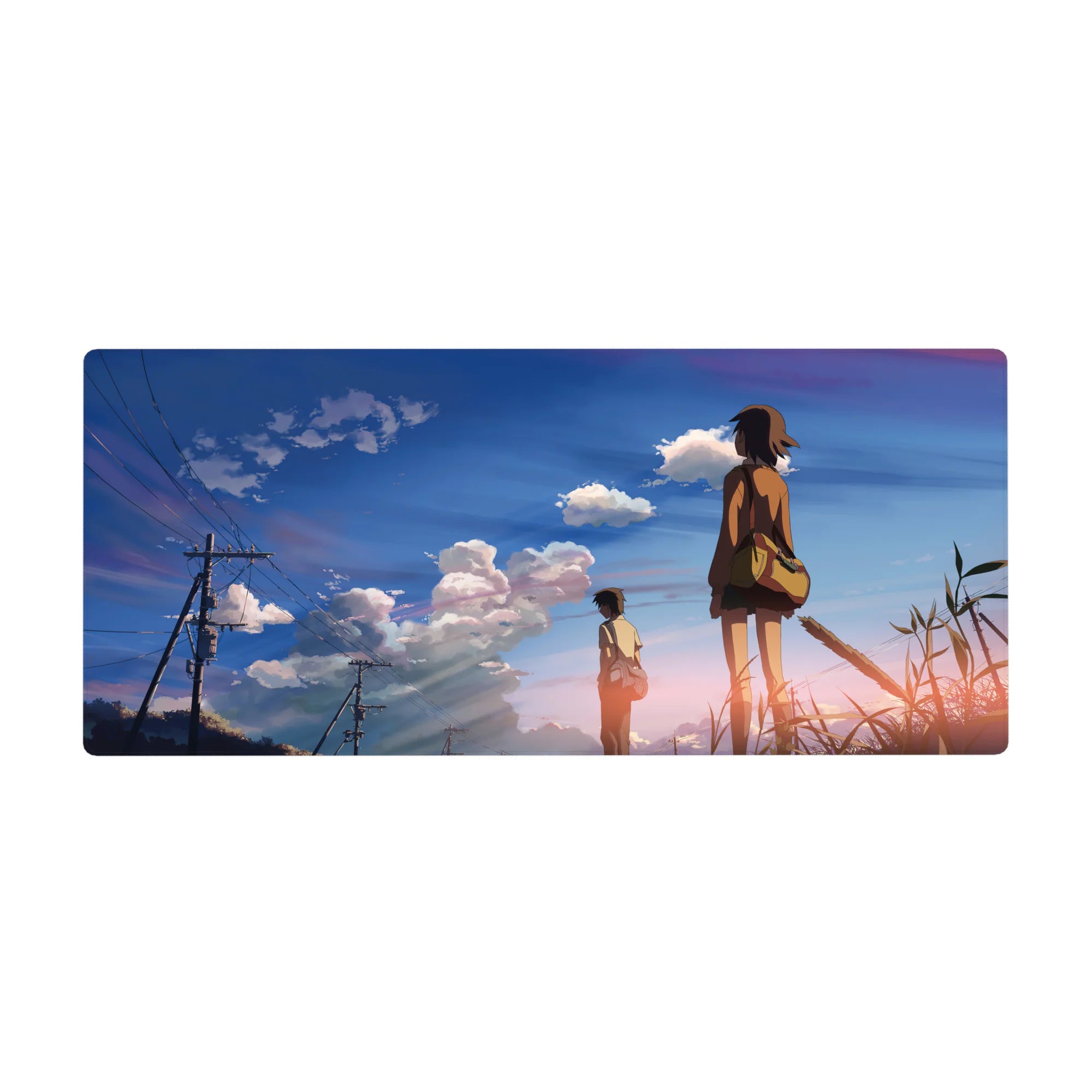 Anime desk pad 36x16 inches with students at golden hour, blue sky, power lines, cotton clouds.