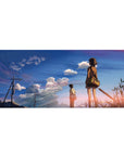Anime desk pad 36x16 inches with students at golden hour, blue sky, power lines, cotton clouds.