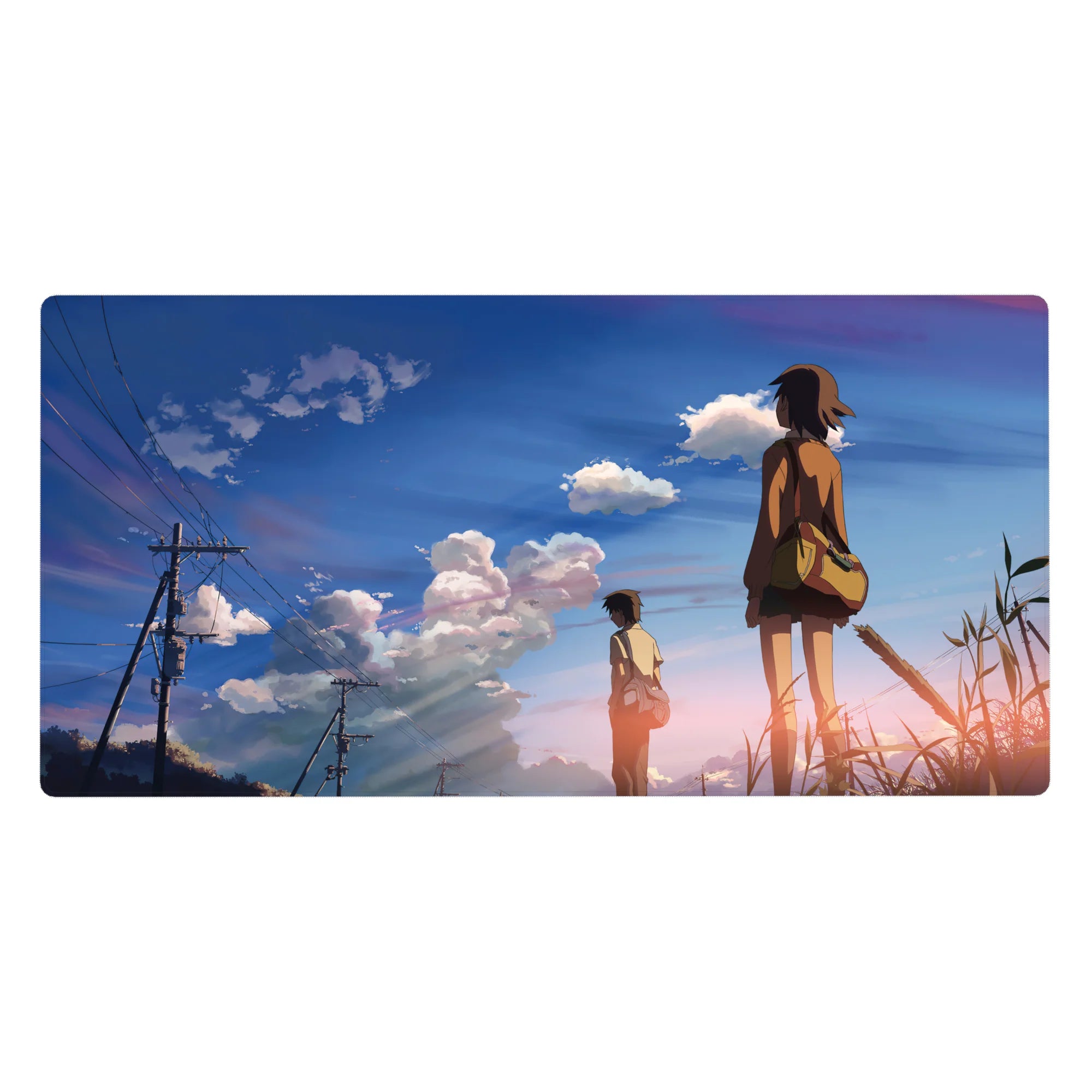 Anime desk pad 40x20 inches with two students at golden hour, blue sky, power lines, and cotton clouds.