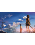 Anime desk pad 40x20 inches with two students at golden hour, blue sky, power lines, and cotton clouds.