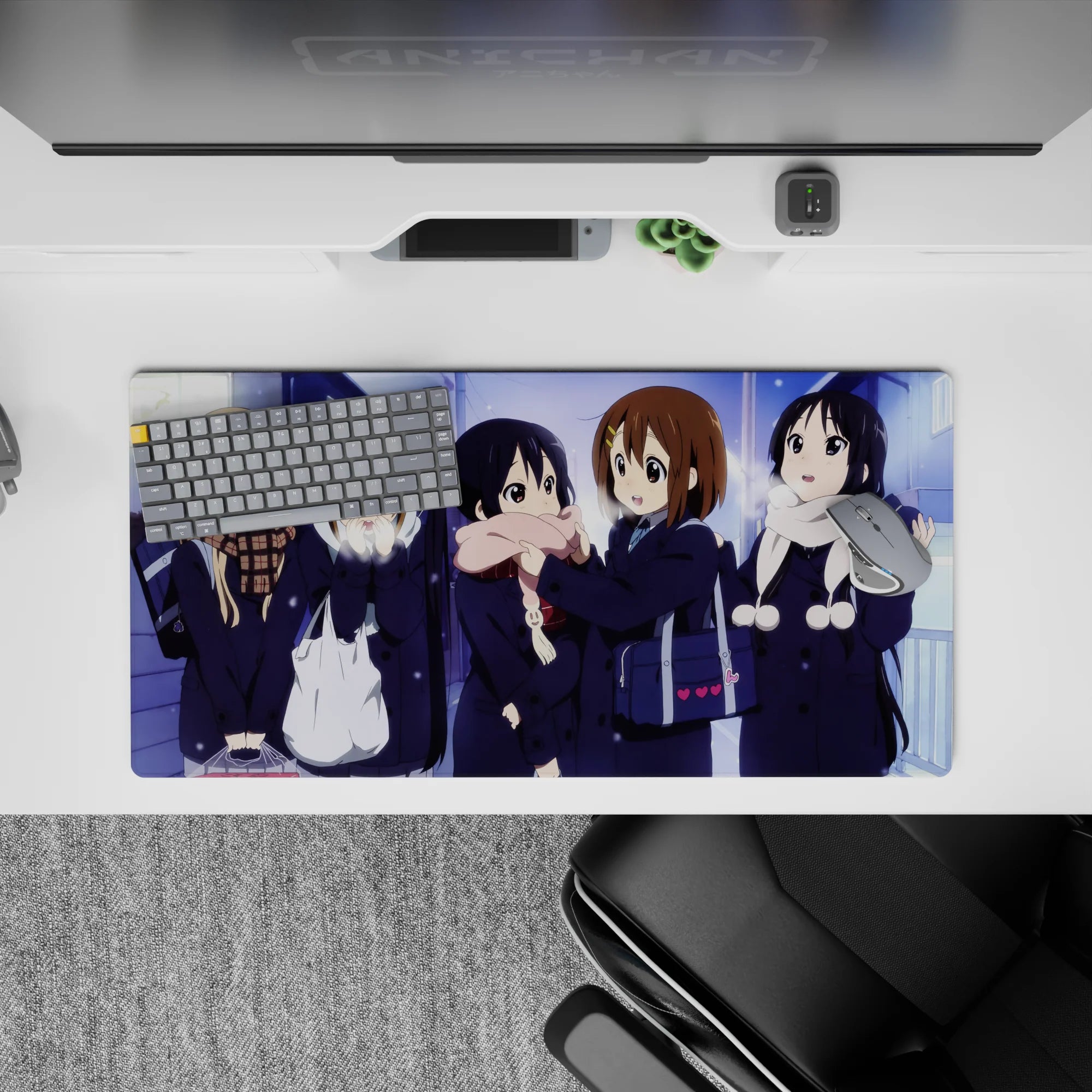 32x16 inches anime girl mouse pad in soft blues and violet streetlight glow, cozy snowy night mood.
