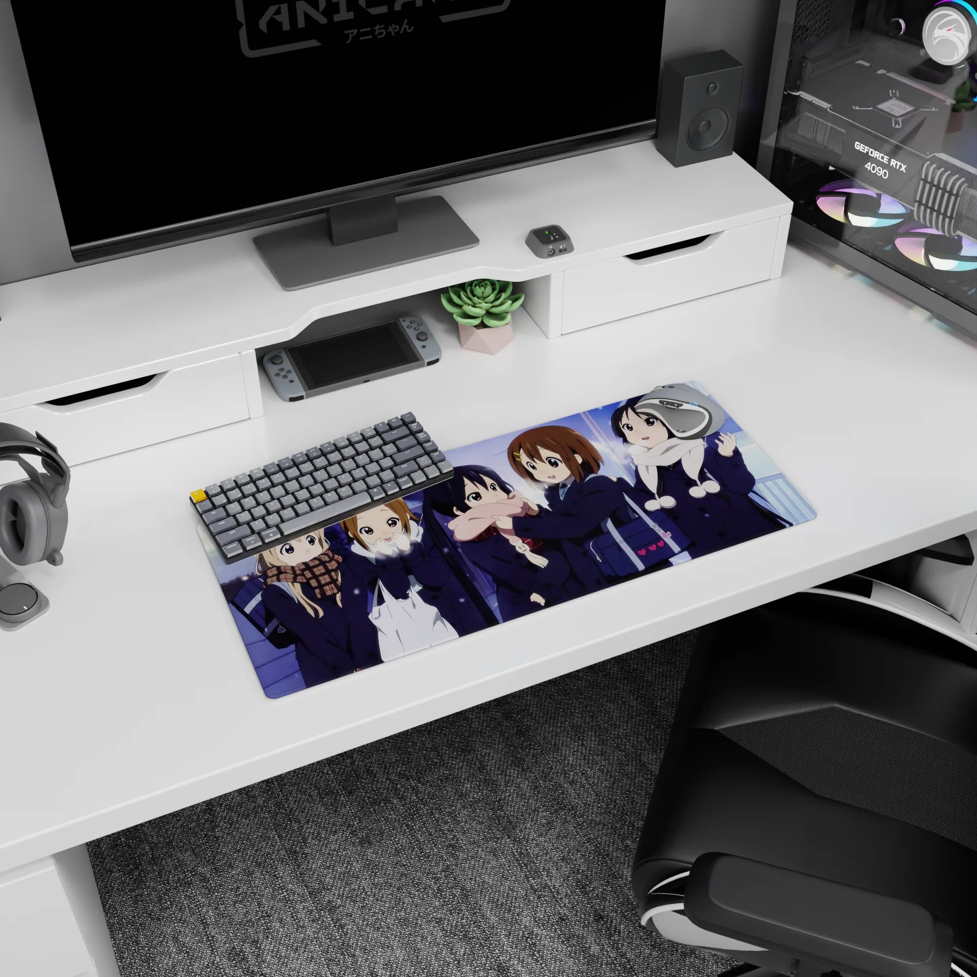 Yui Hirasawa and friends giggling in winter scarves anime girl mouse pad 28x12 inches with heart bag detail.