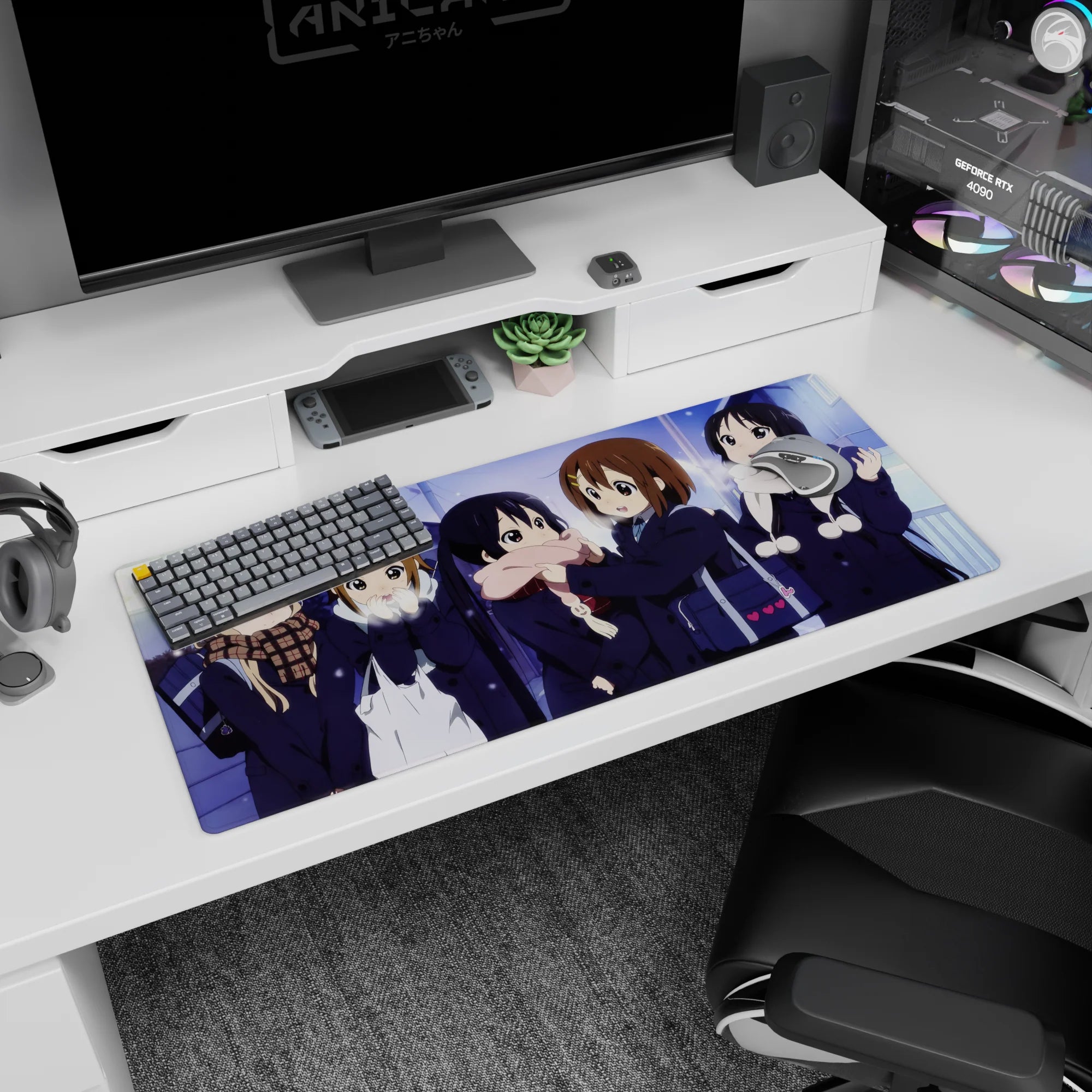Yui and friends giggling under streetlights on a 36x16 inches anime girl desk pad, heart bag detail.