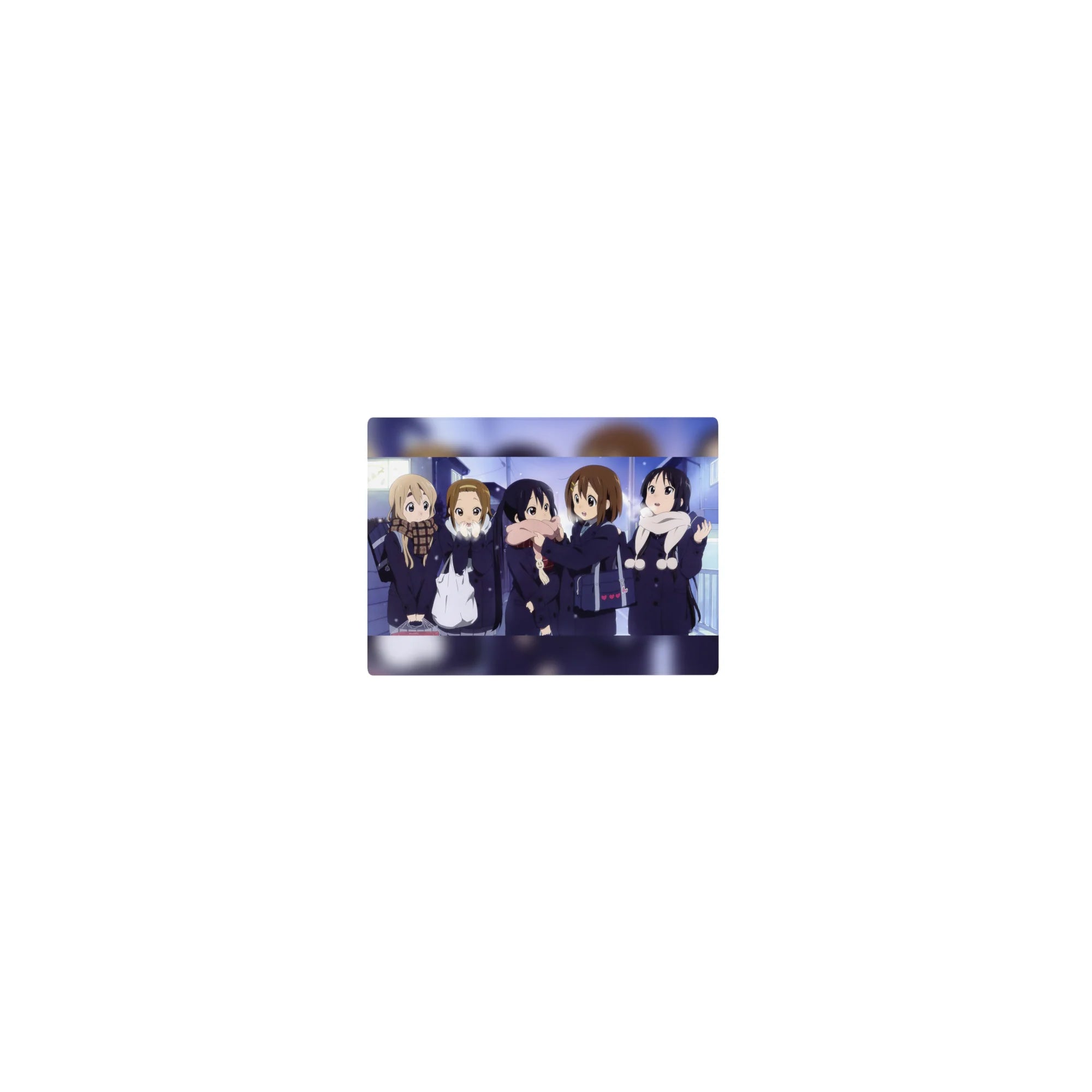 K-On! winter friends anime girl mouse pad 14x10 inches, five girls bundled in coats and scarves.
